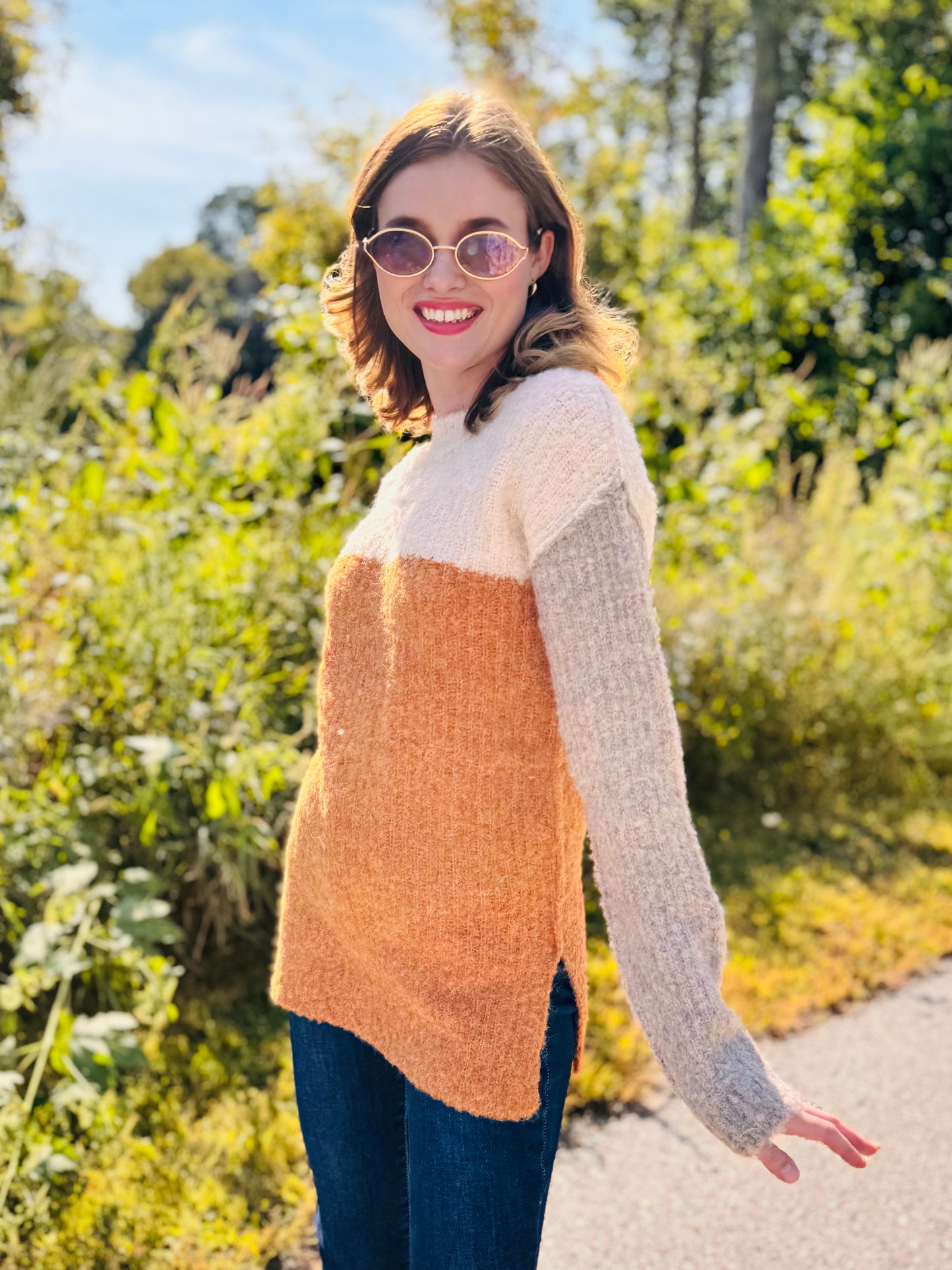 Mustard Color Block Pullover Sweater