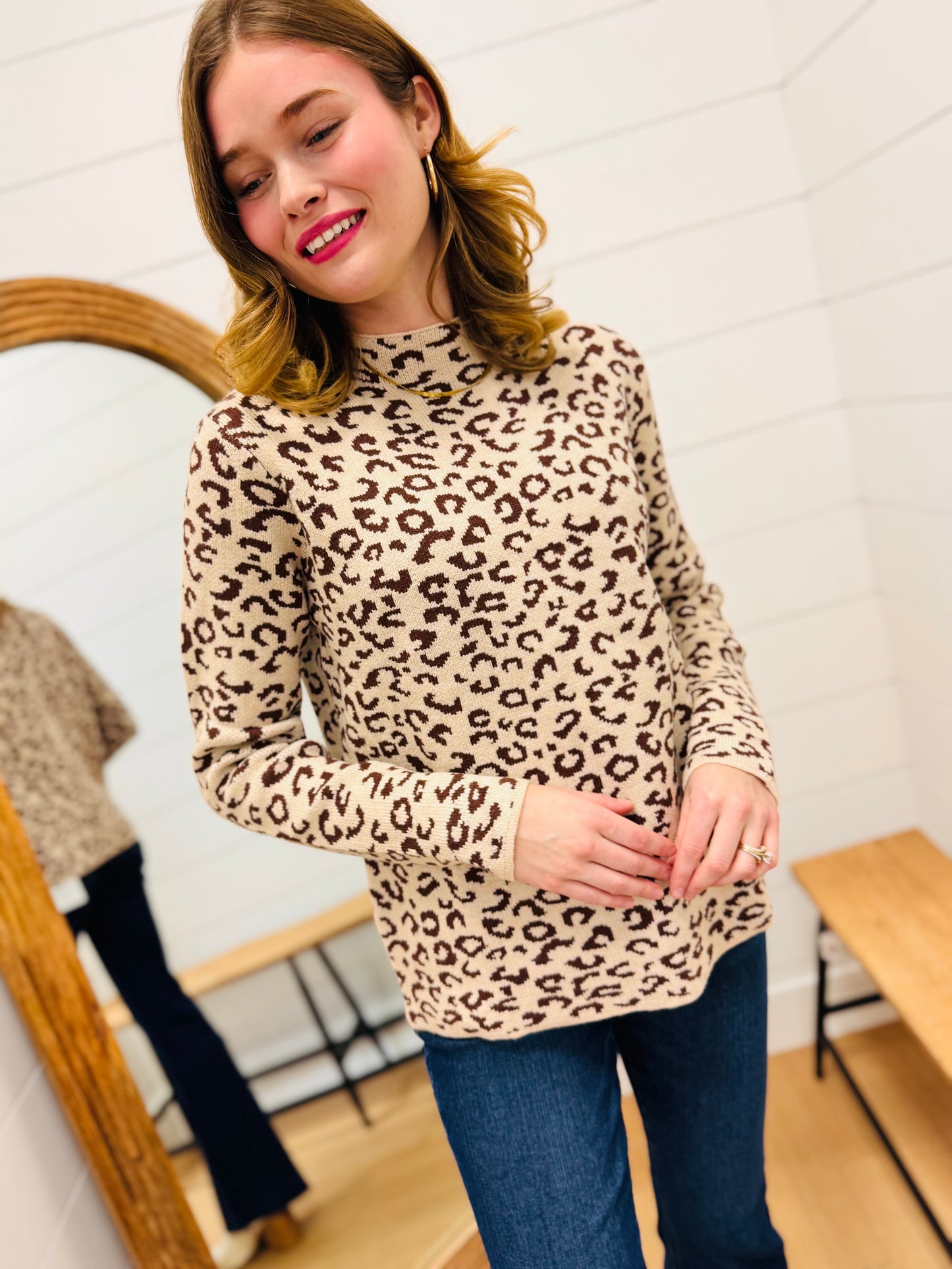 Leopard Print Mock Neck Knit Sweater