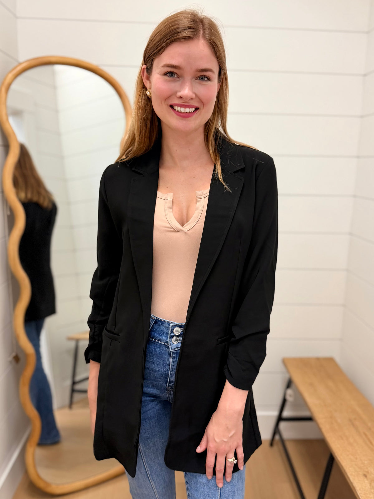 Black Ruched Sleeve Open Front Long Blazer