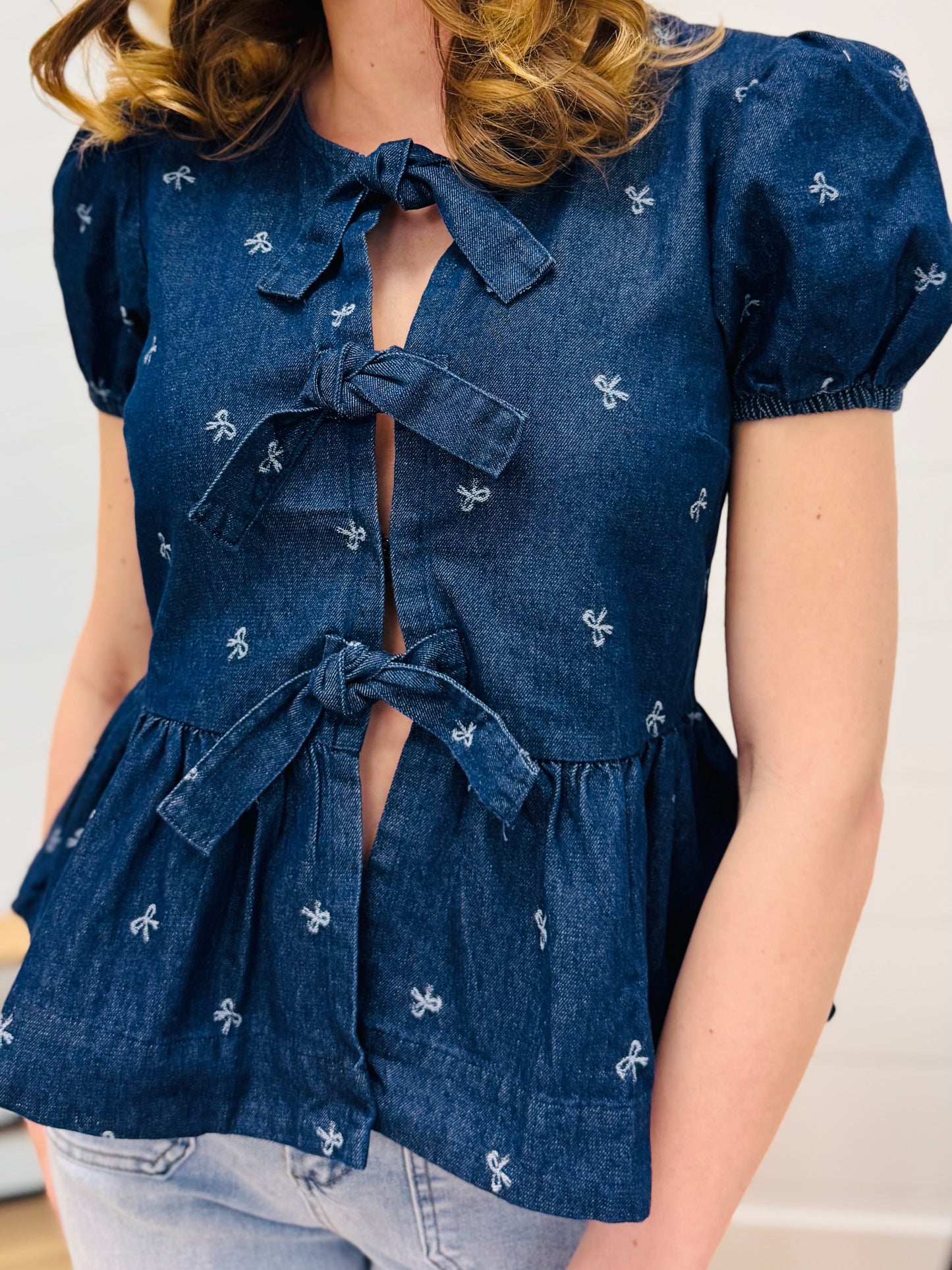 Denim Bow Print Puff + Ties Ruffle Hem Top