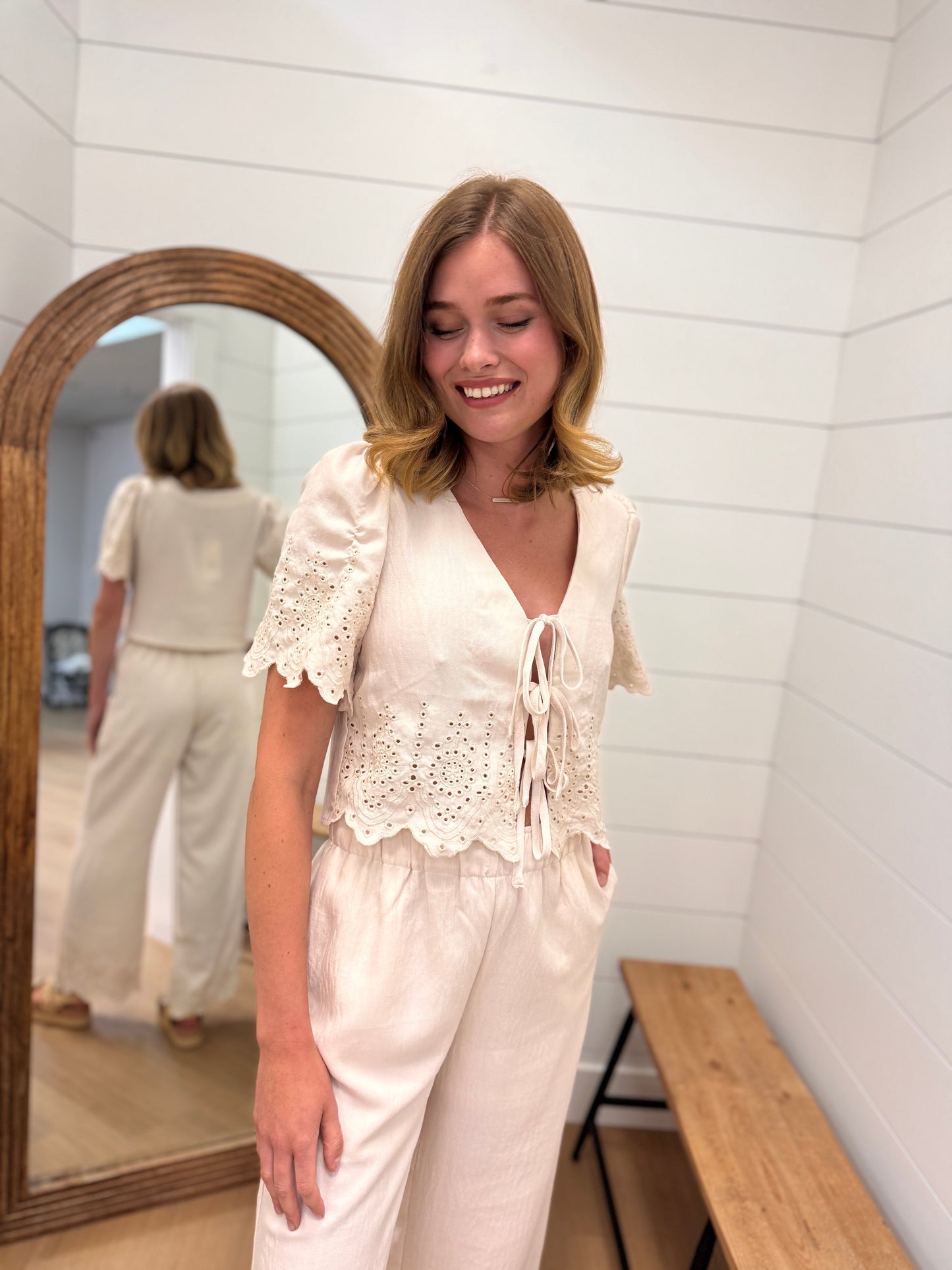 Ivory Eyelet Trim Front Tie Top