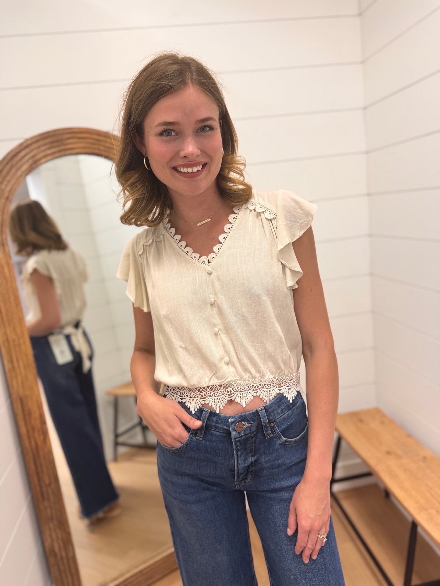 Lace Trim Crop Top with Tie Back