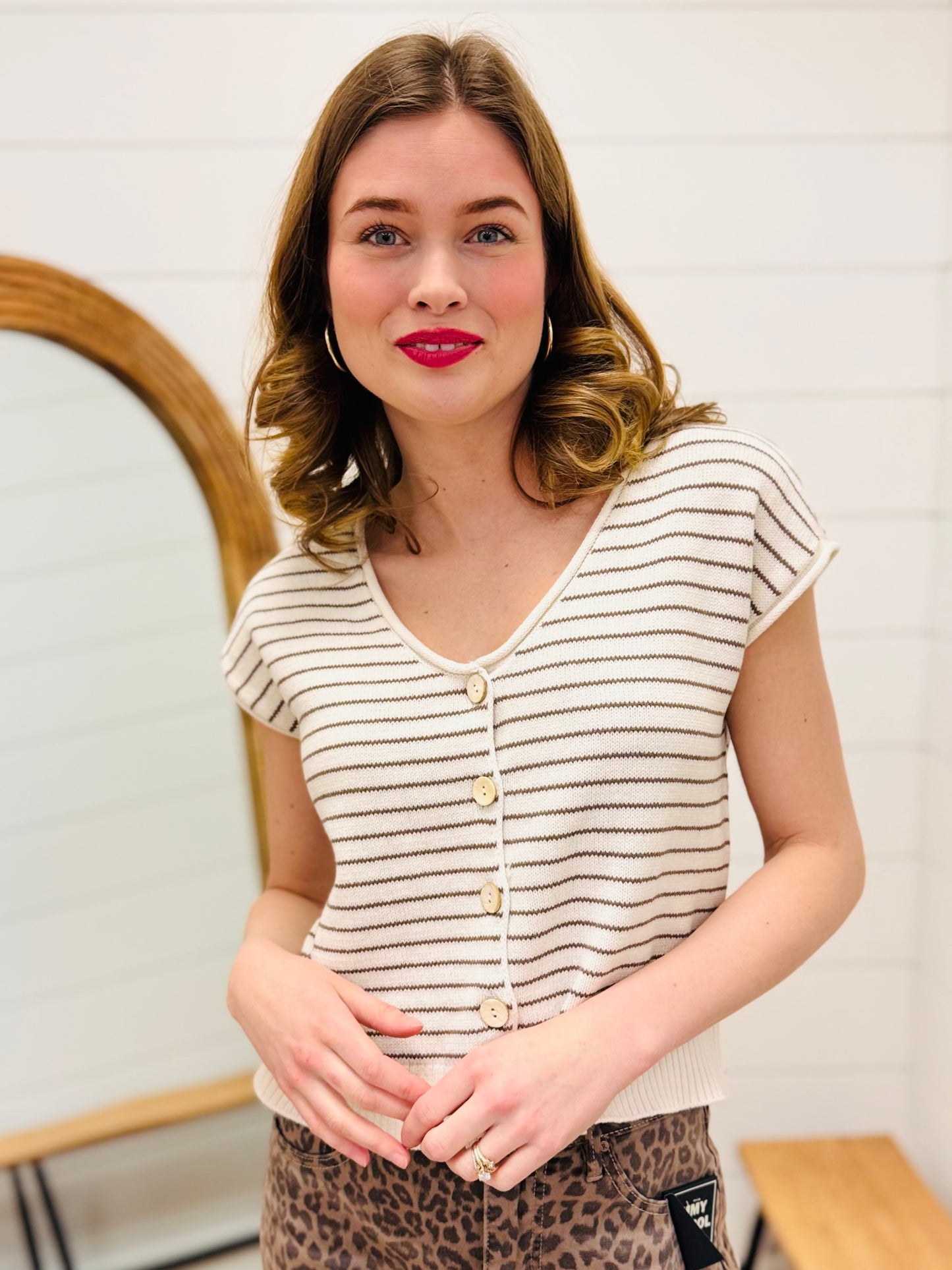 Stripe Scoop Neck Raw Edge Short Sleeve Cardigan