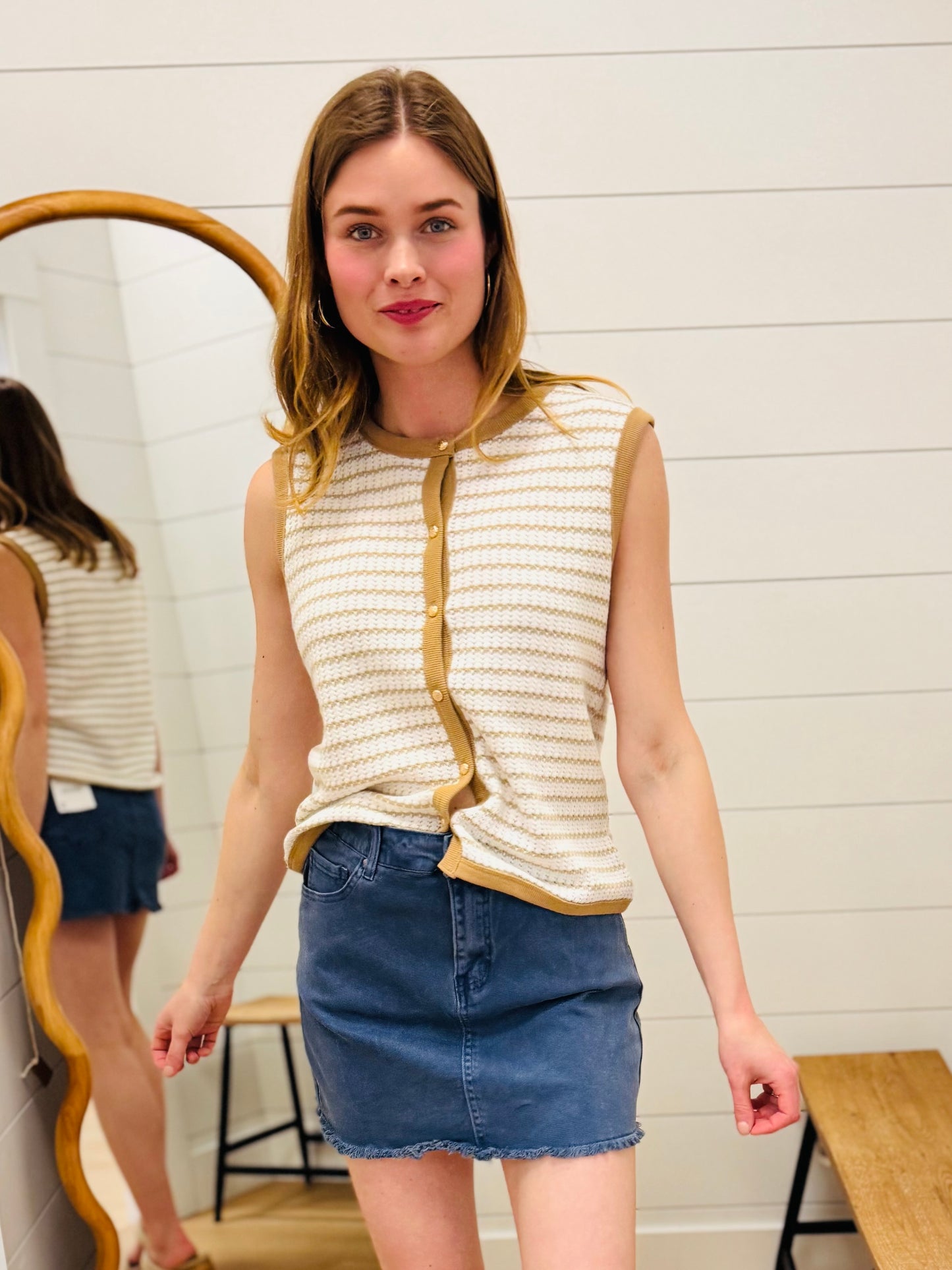 Stripe Knit Button Down Top - Tan