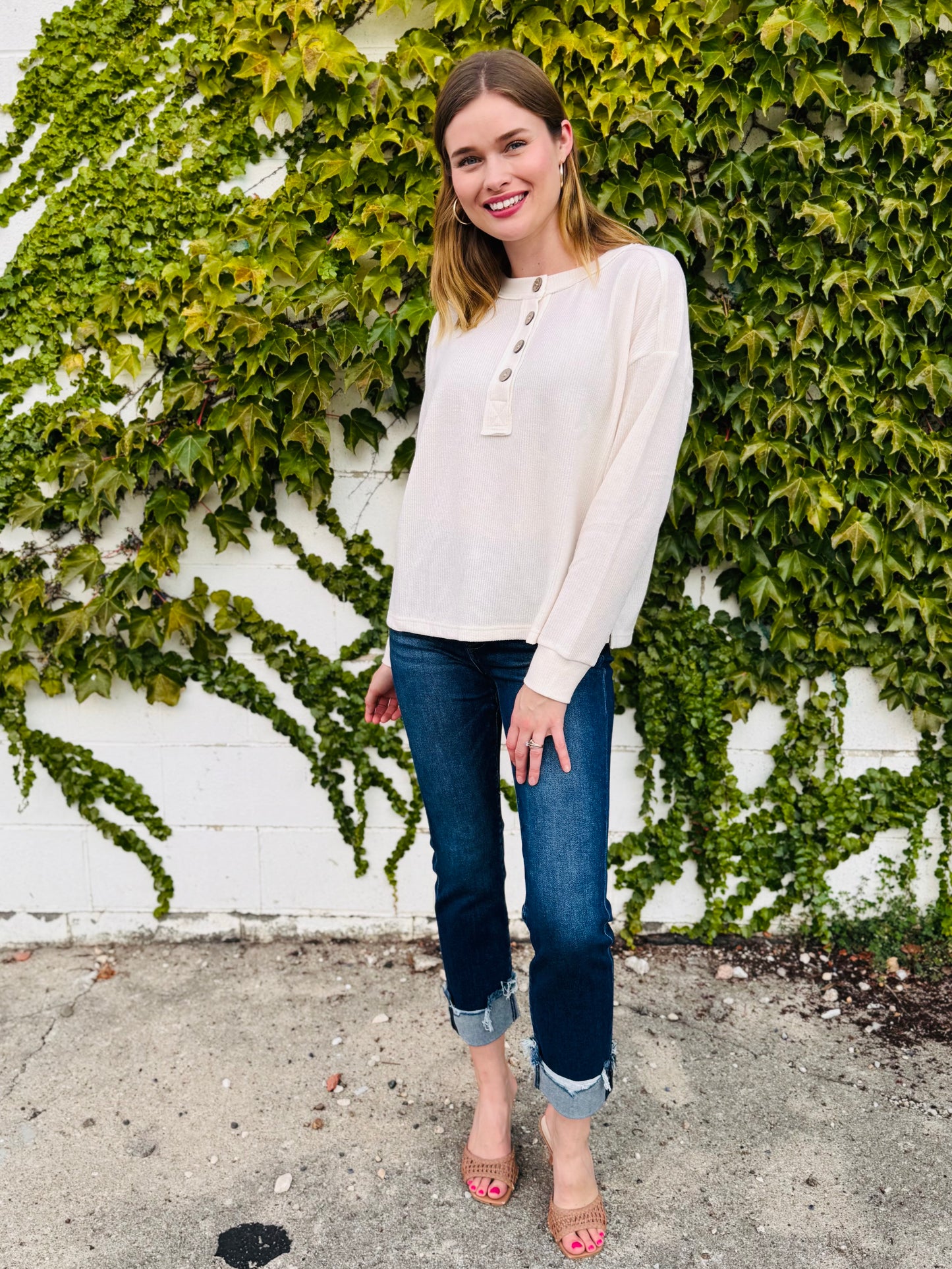 Ribbed Henley Long Sleeve Knit Top