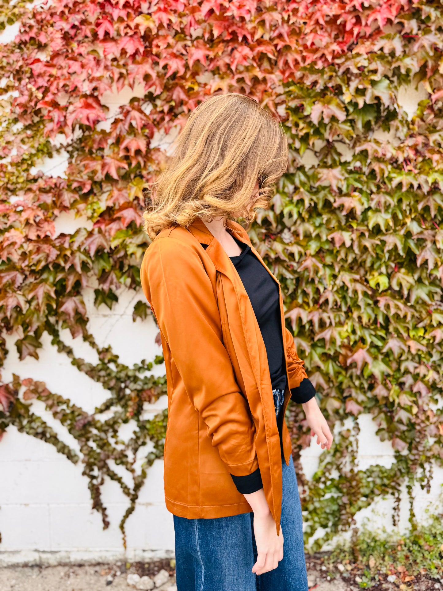 Satin Ruched Sleeve Blazer Jacket