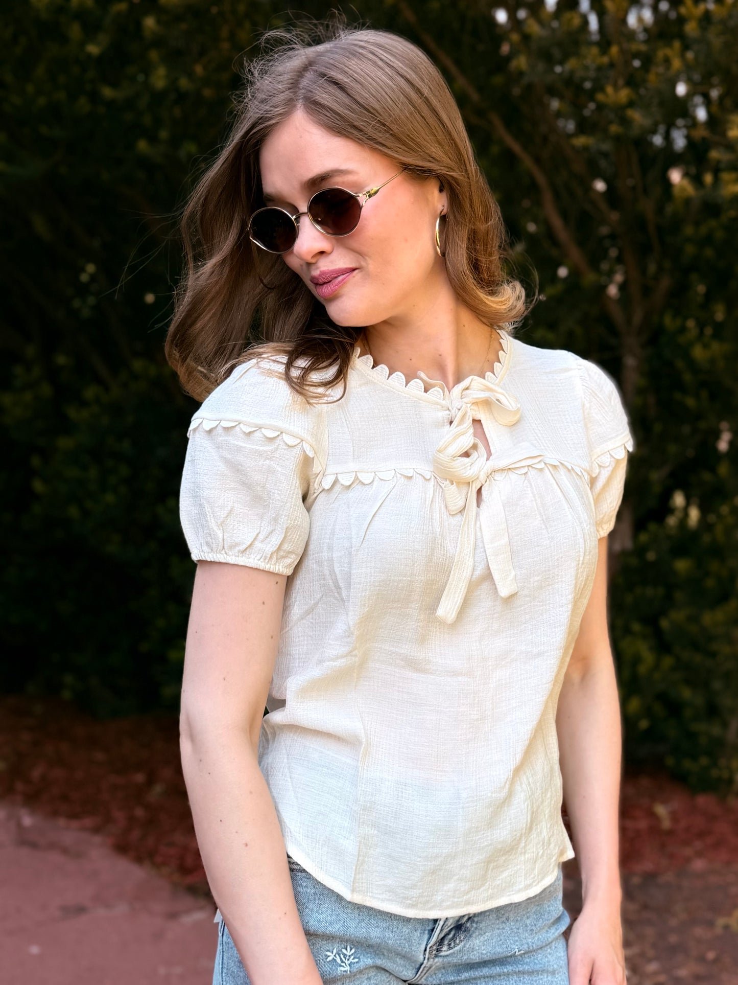 Scallop Trim Front Tie Detail Puff Sleeve Top