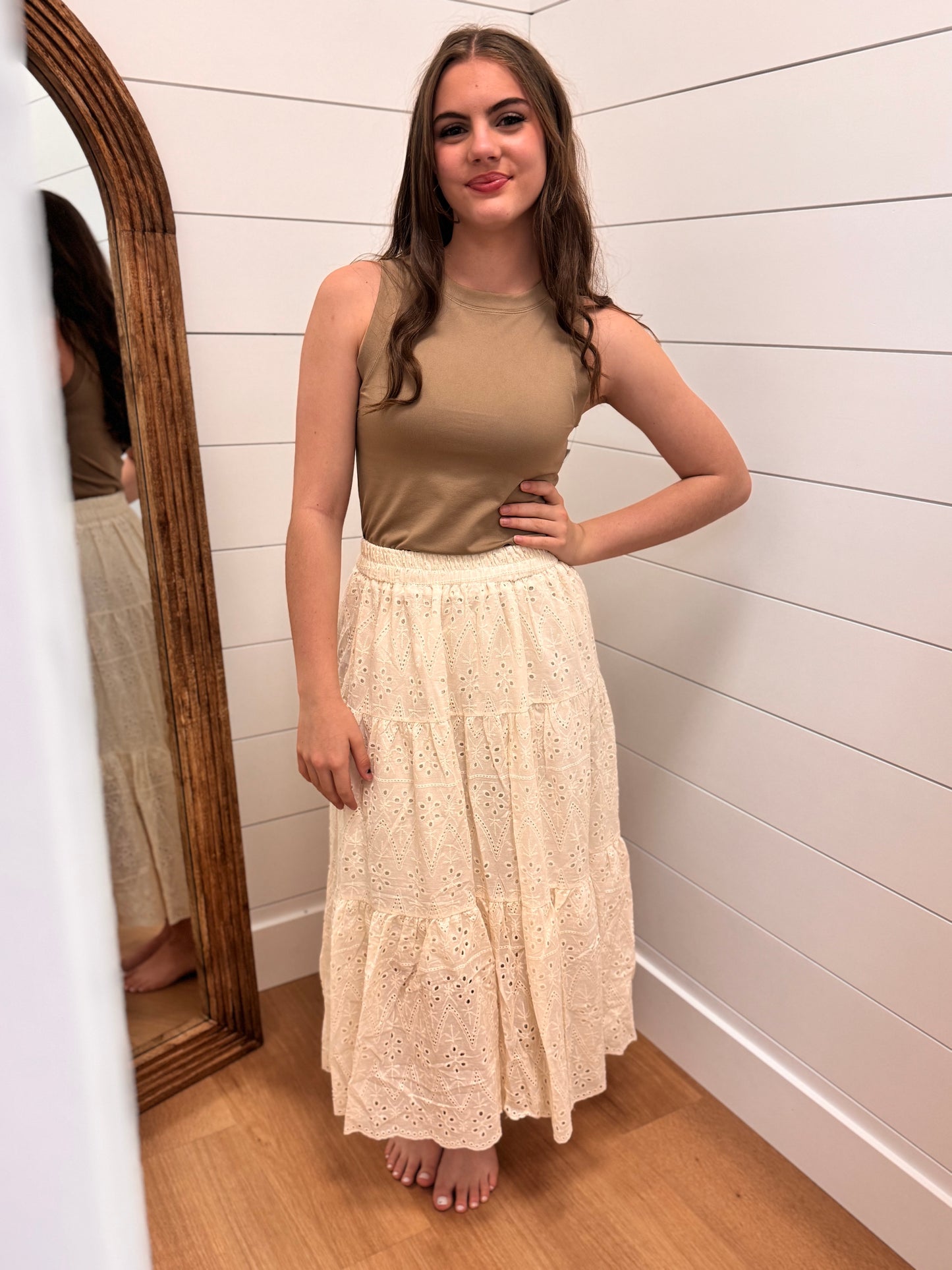Eyelet Midi Skirt in Cream