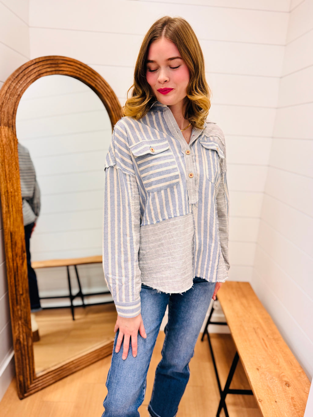 Color Block Half Button Down Shirt