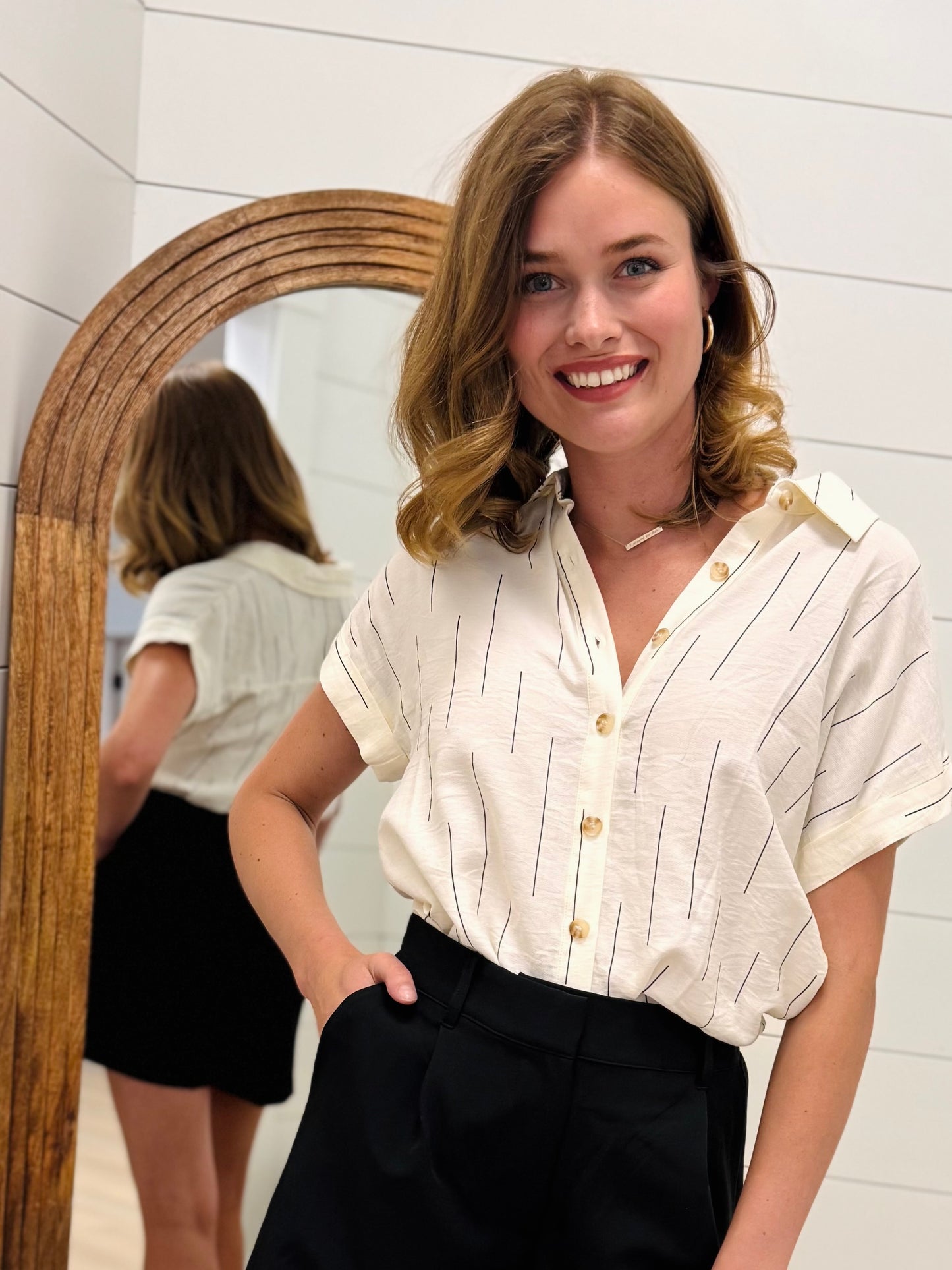 Fine Line Short Sleeve Button Down Shirt - Ivory