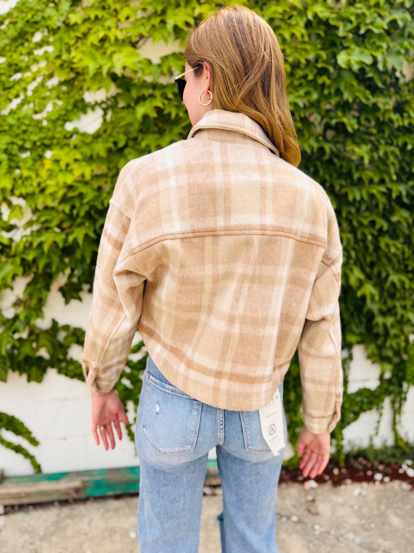 Button-down Short Plaid Shacket - Khaki