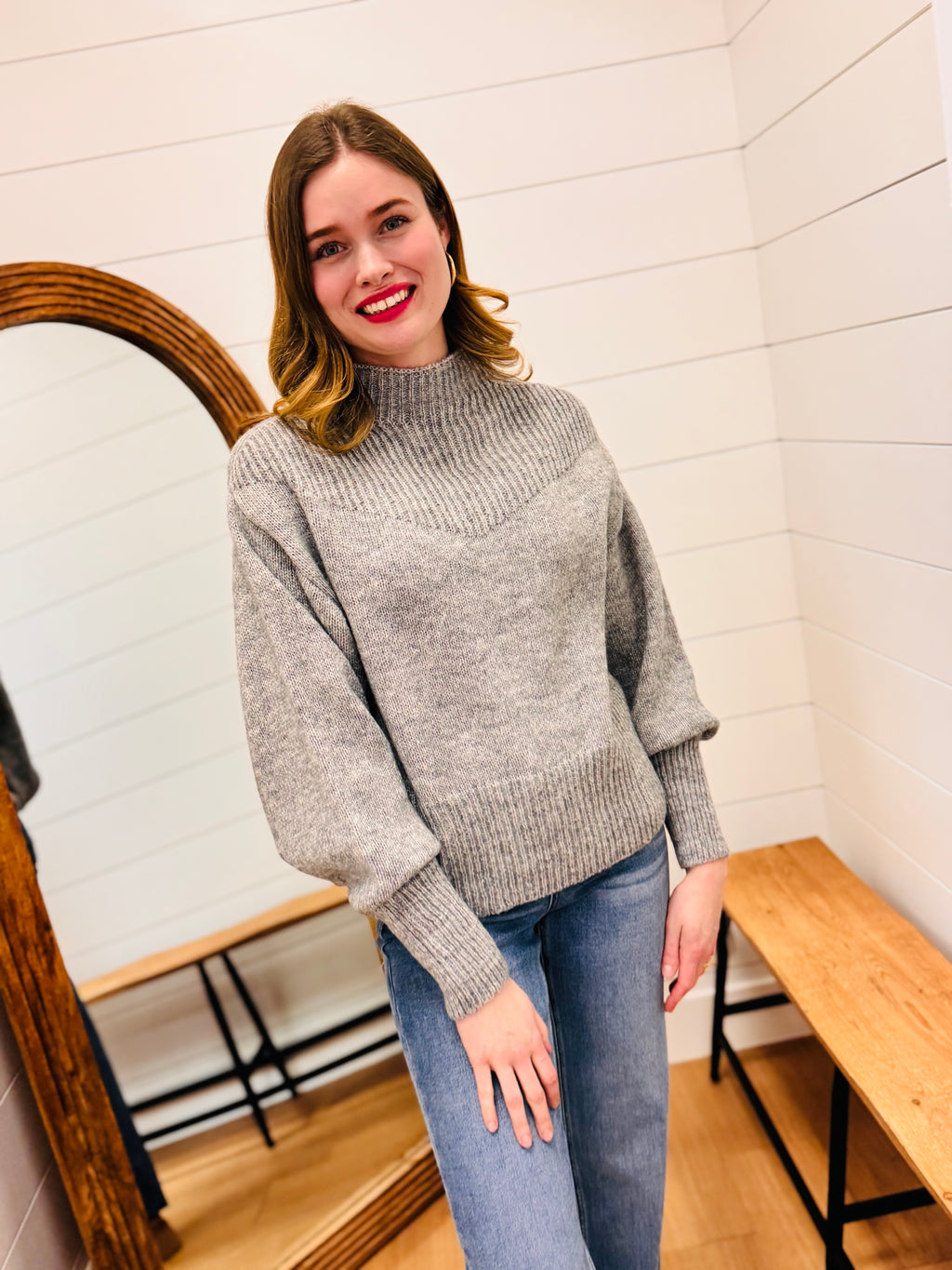 Balloon Sleeve Mock Neck Sweater