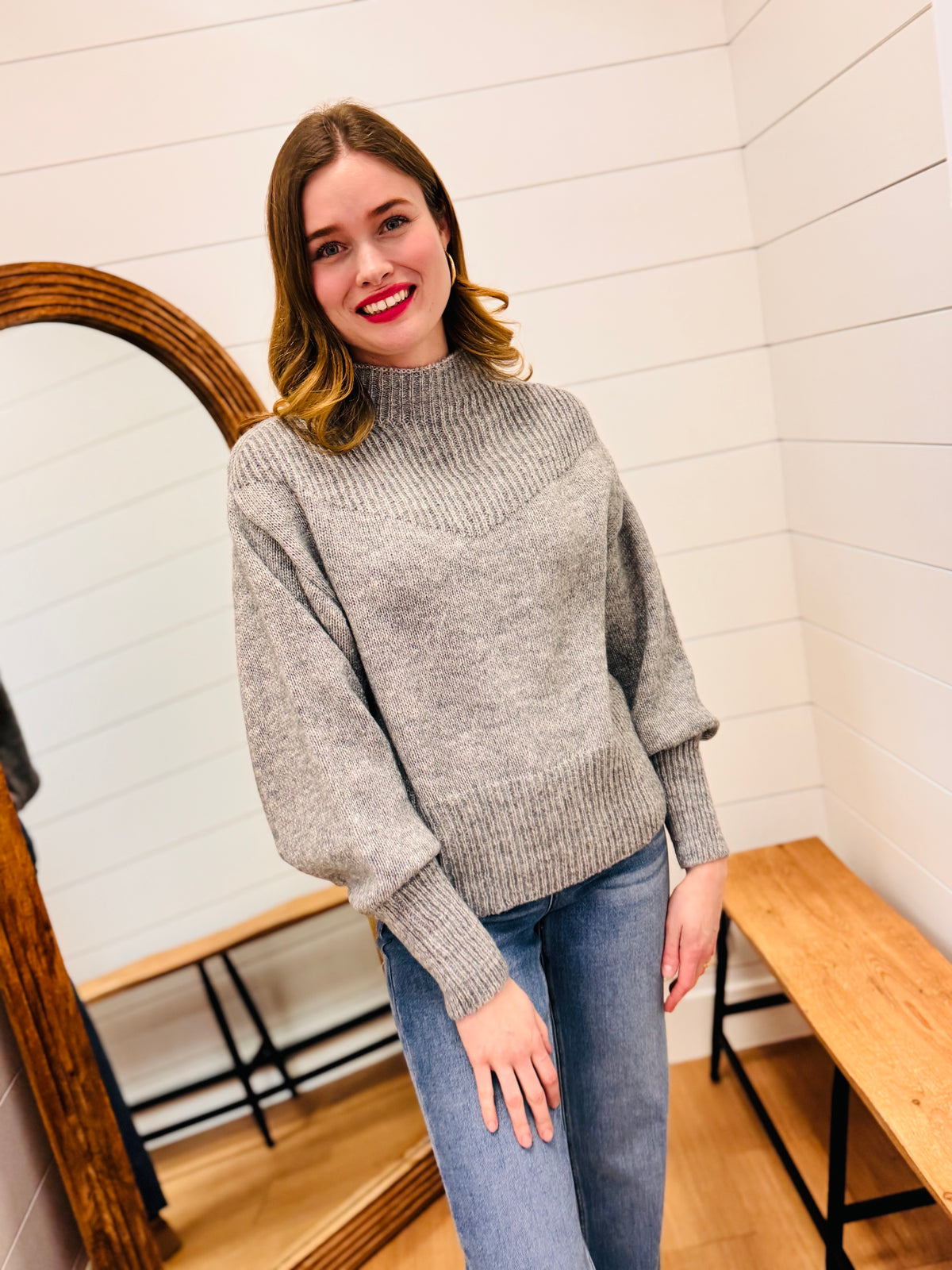 Balloon Sleeve Mock Neck Sweater