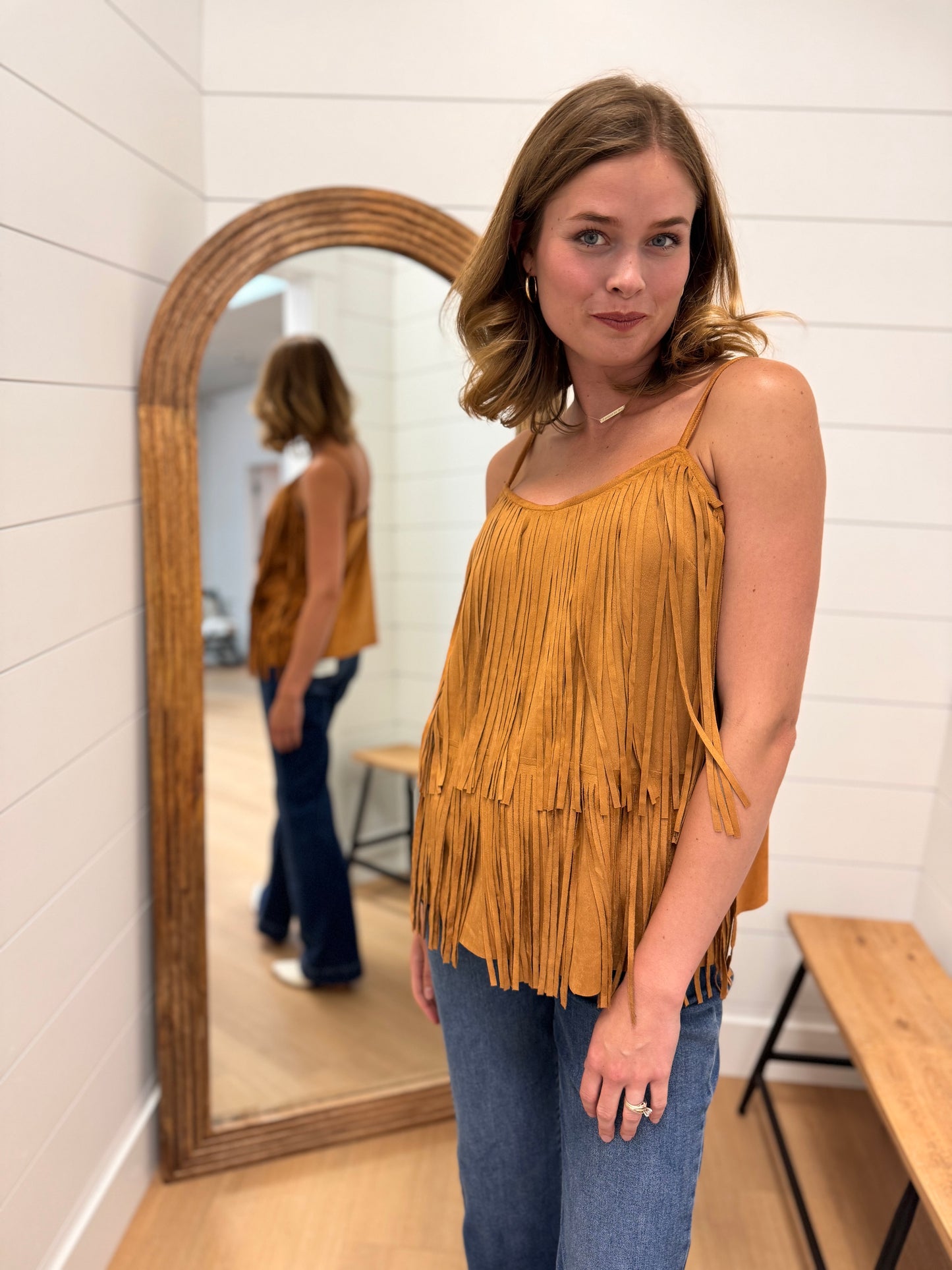 Layered Fringe Single Strap Suede Shirt - Camel SM-3XL