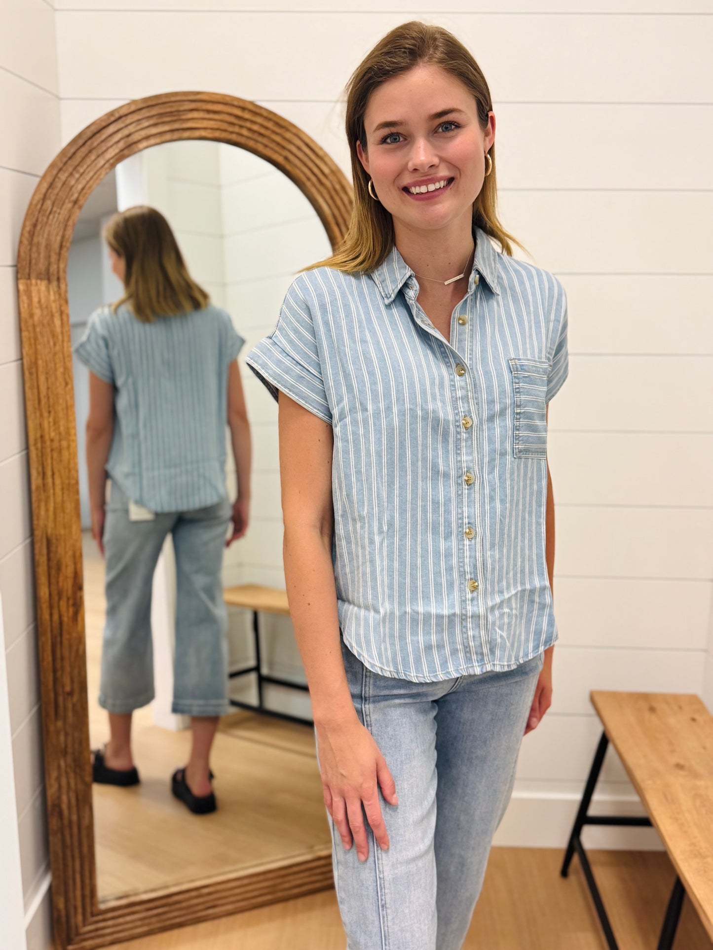 Vertical Stripe Chambray Top