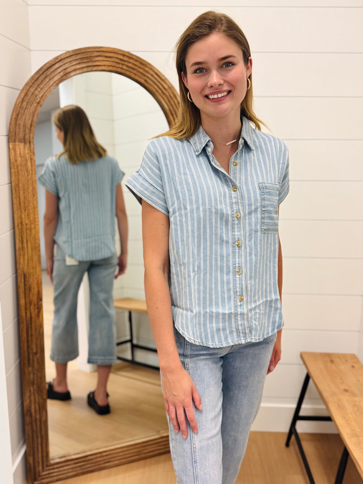 Vertical Stripe Chambray Top