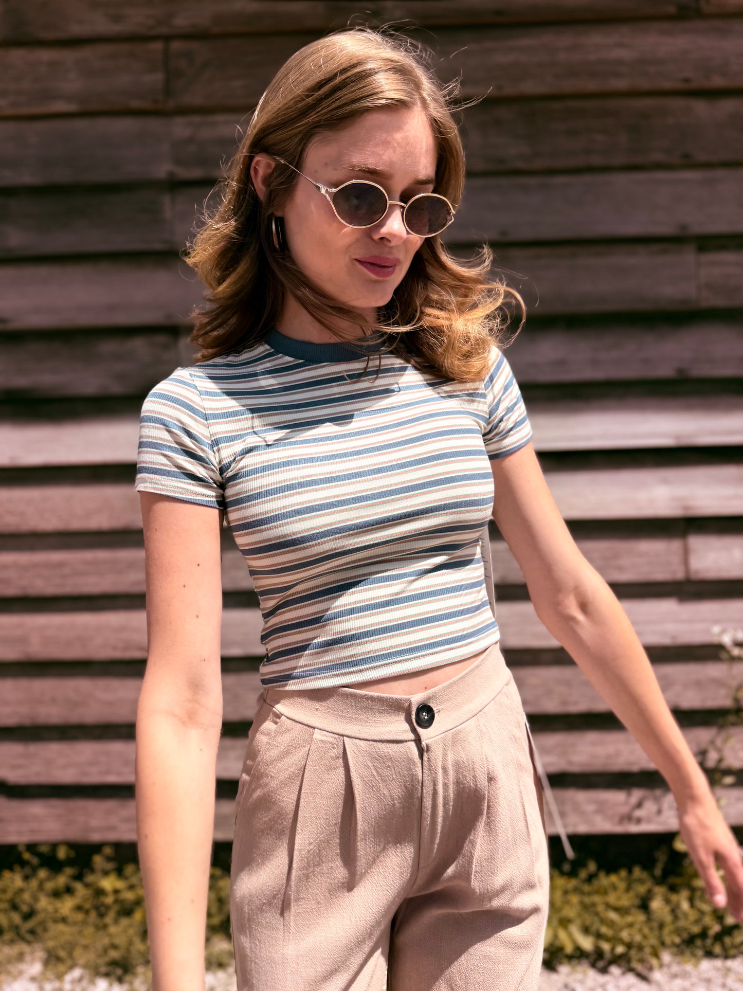 Striped Rayon Ribbed Crop Tee