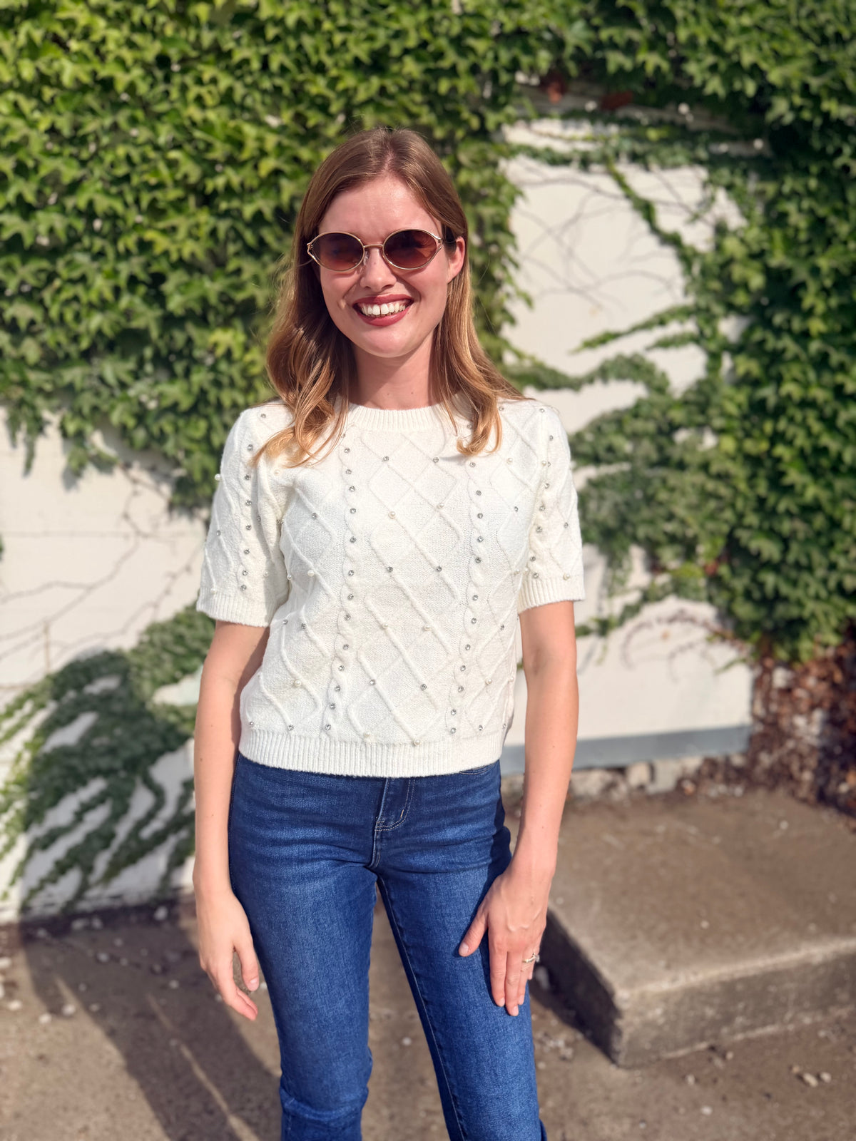 Diamond-knit Short Sleeved Sweater