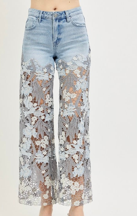 High Rise Wide Crop Lace Risen Denim