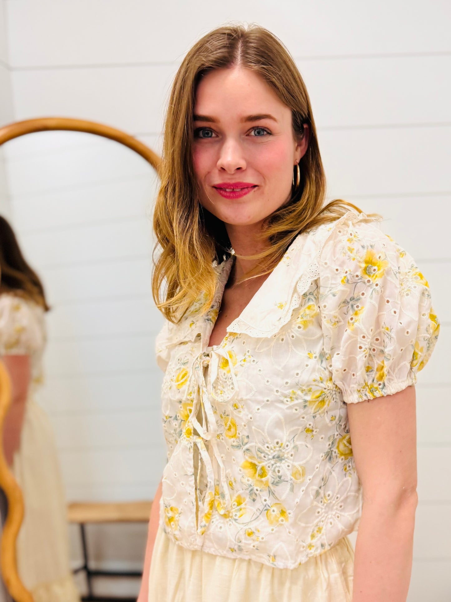 Floral Eyelet Pattern Collared Front Tie Blouse