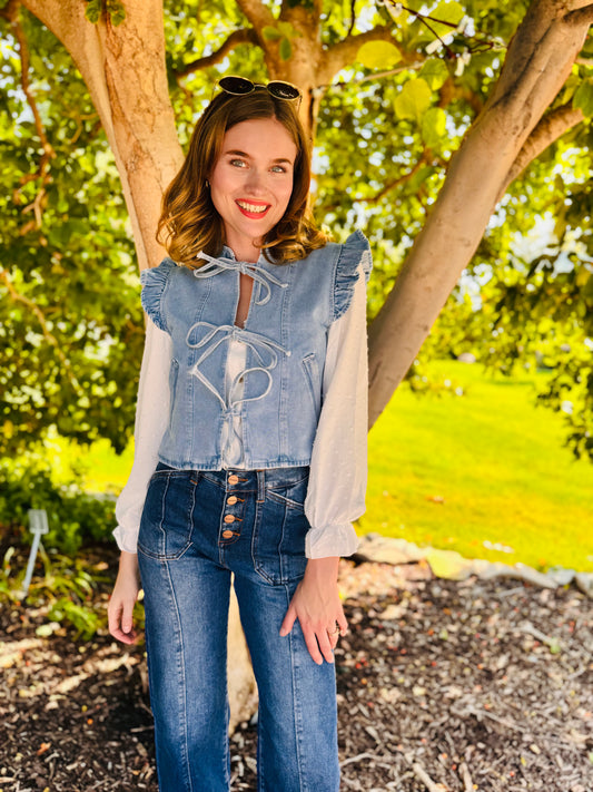 Denim Ruffle Sleeve Tie Front Vest