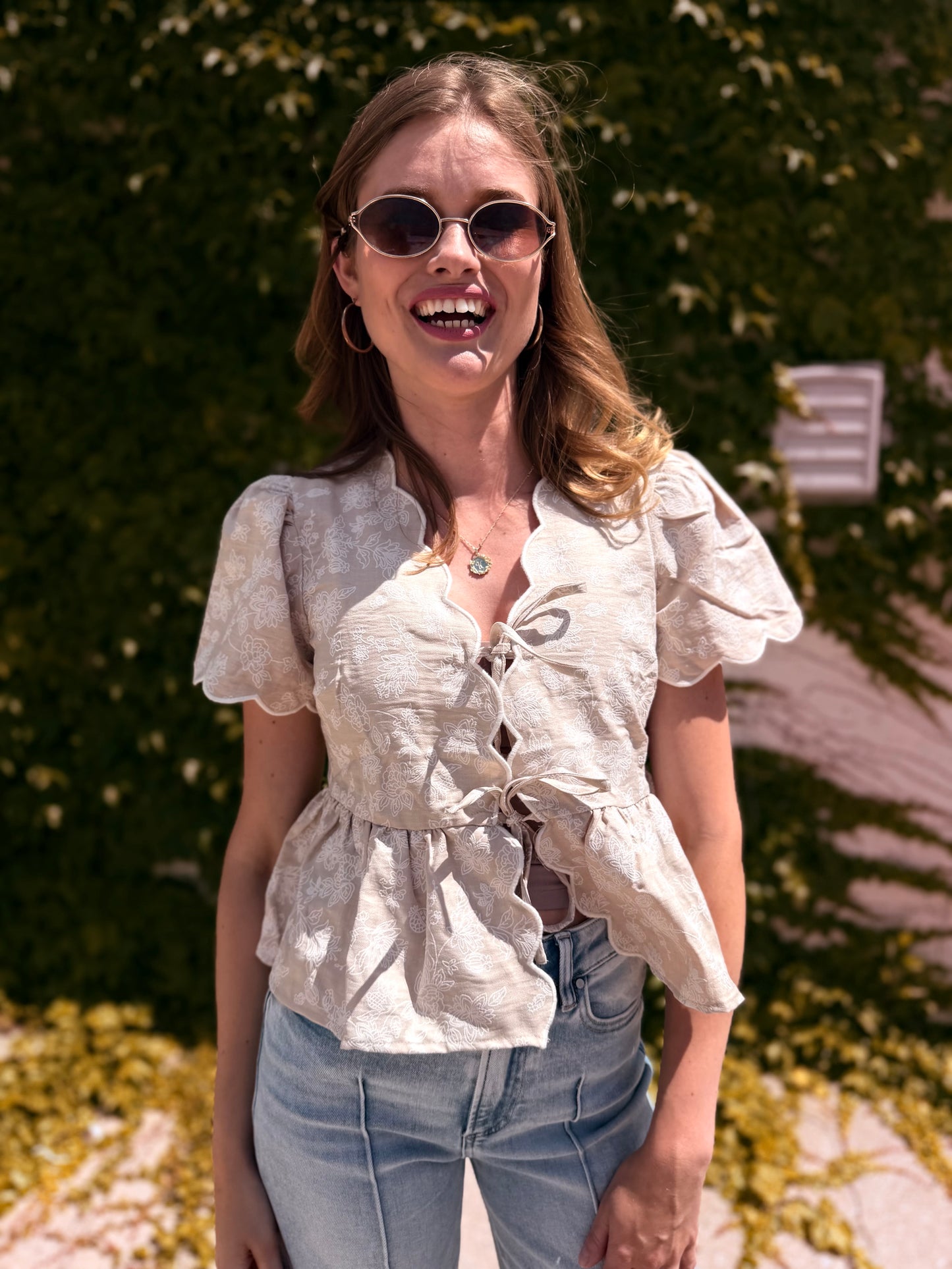 Floral Embroidery Front Tie Scalloped Peplum Top - Khaki