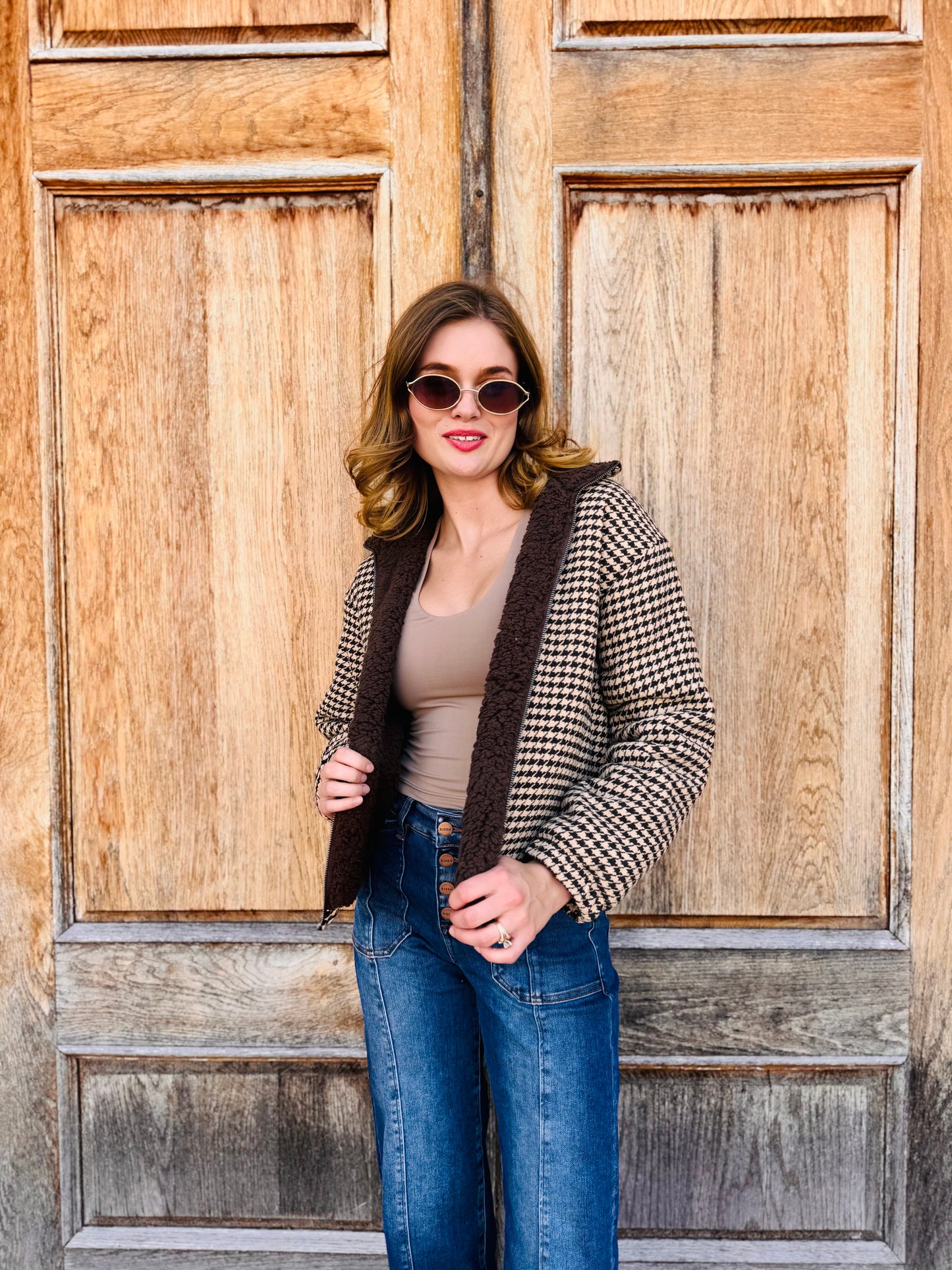 Houndstooth Sherpa Zip Up Jacket