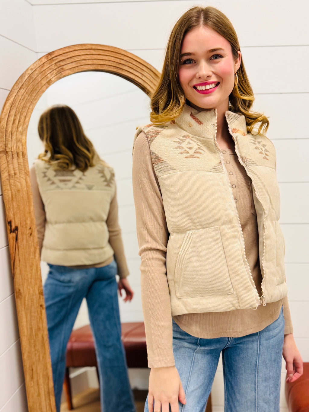 Aztec Graphic Corduroy Casual Puffer Vest