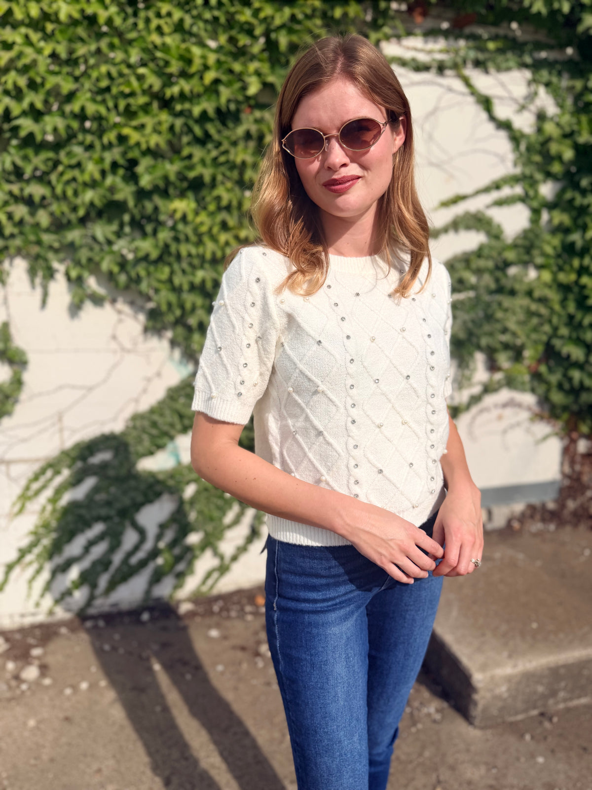 Diamond-knit Short Sleeved Sweater