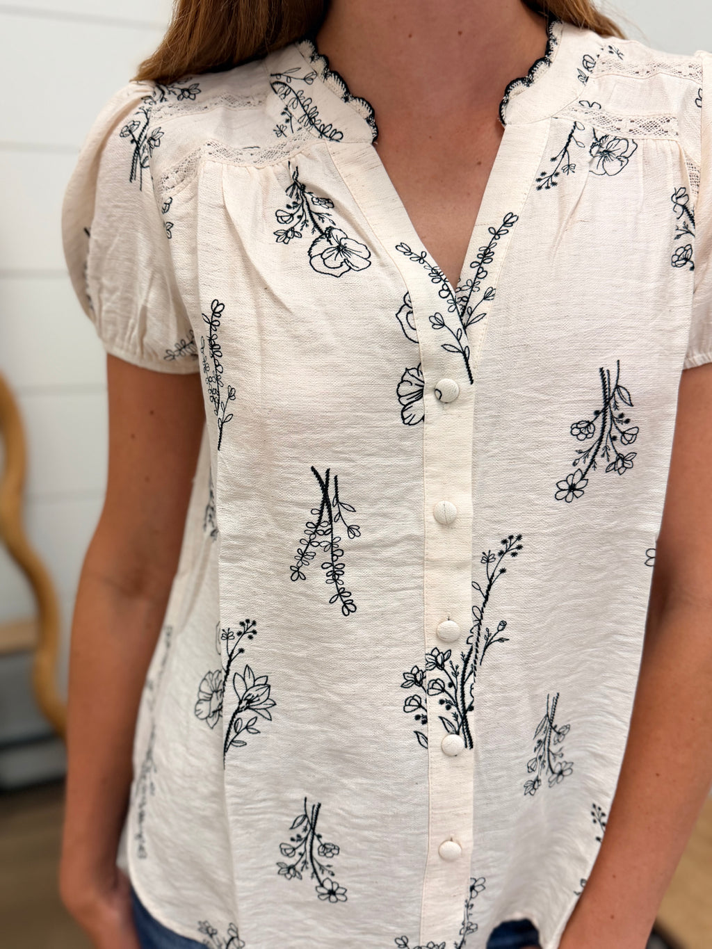 Floral Line Print Split Neck Button Down Linen Top