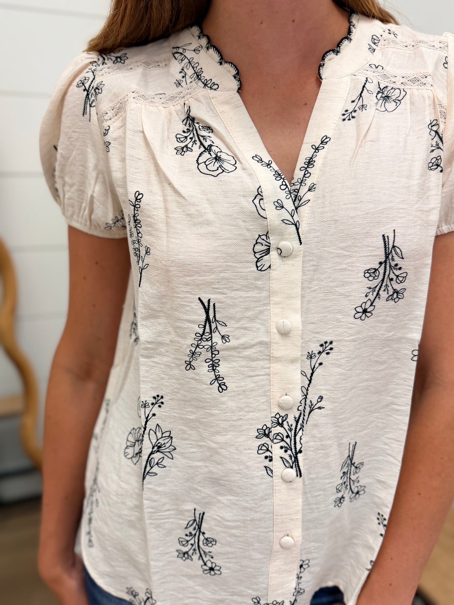 Floral Line Print Split Neck Button Down Linen Top