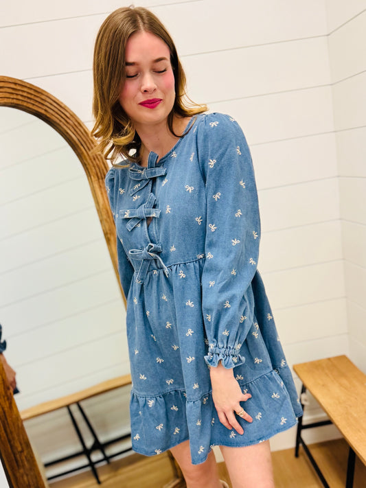 Soft Washed Denim Bow Dress