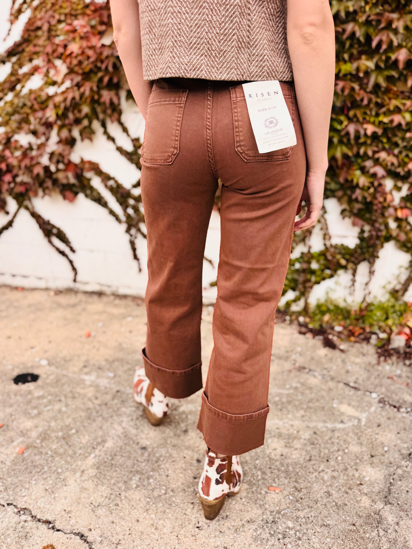 High Rise Wide Leg Front Patch Pocket Cuffed Pants