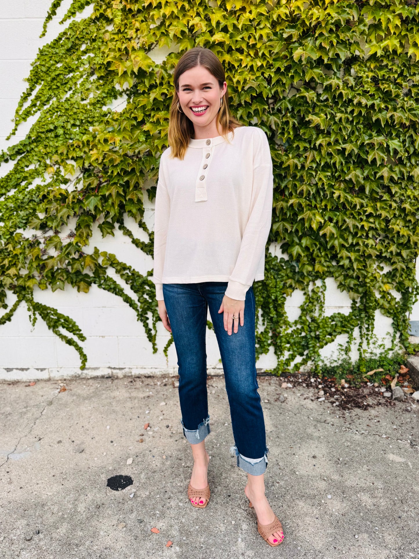 Ribbed Henley Long Sleeve Knit Top