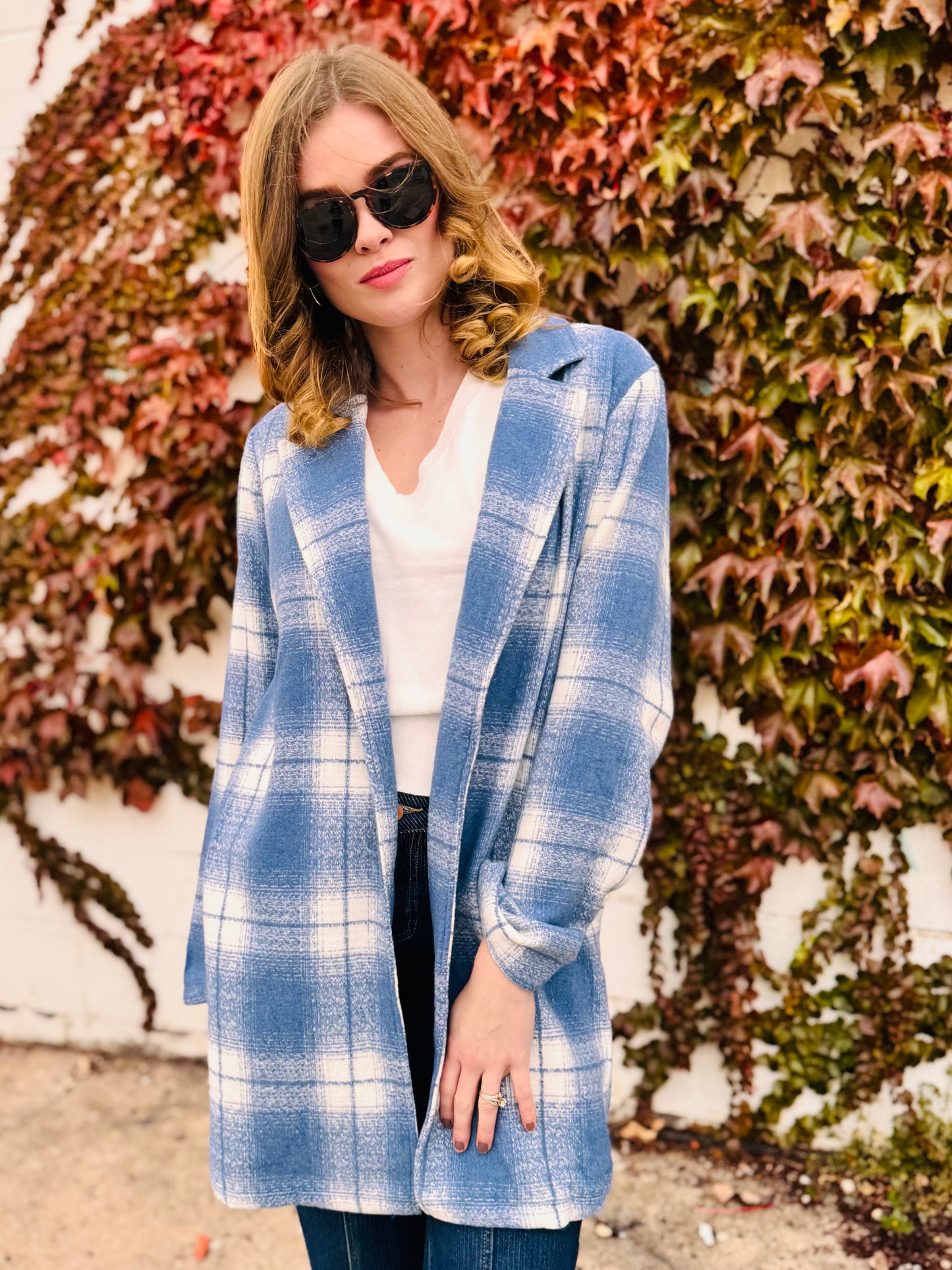 Blue Check Brush Oversized Coat