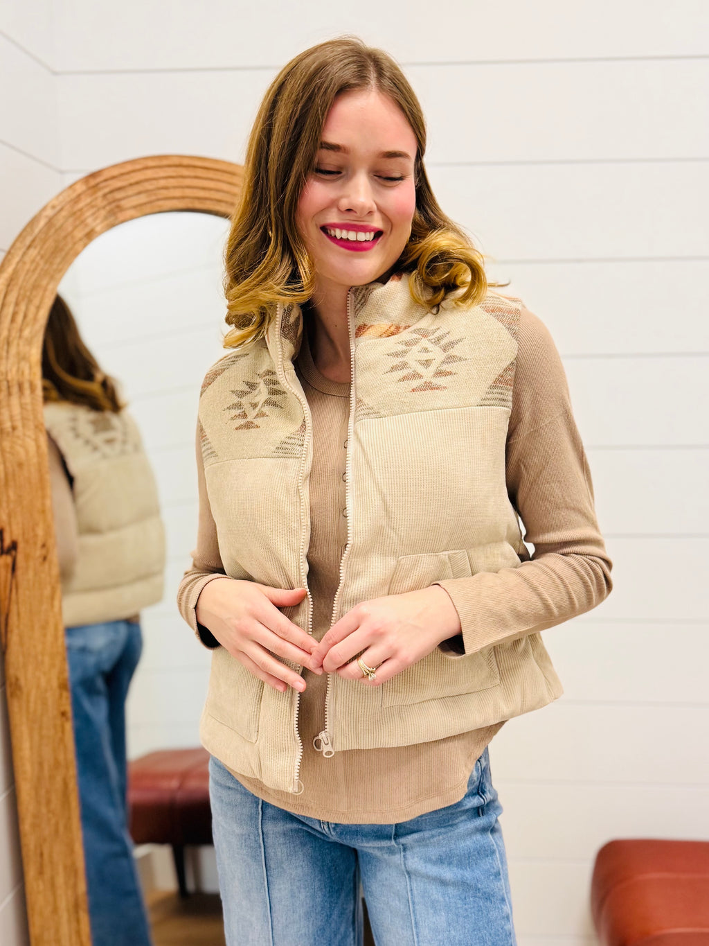 Aztec Graphic Corduroy Casual Puffer Vest
