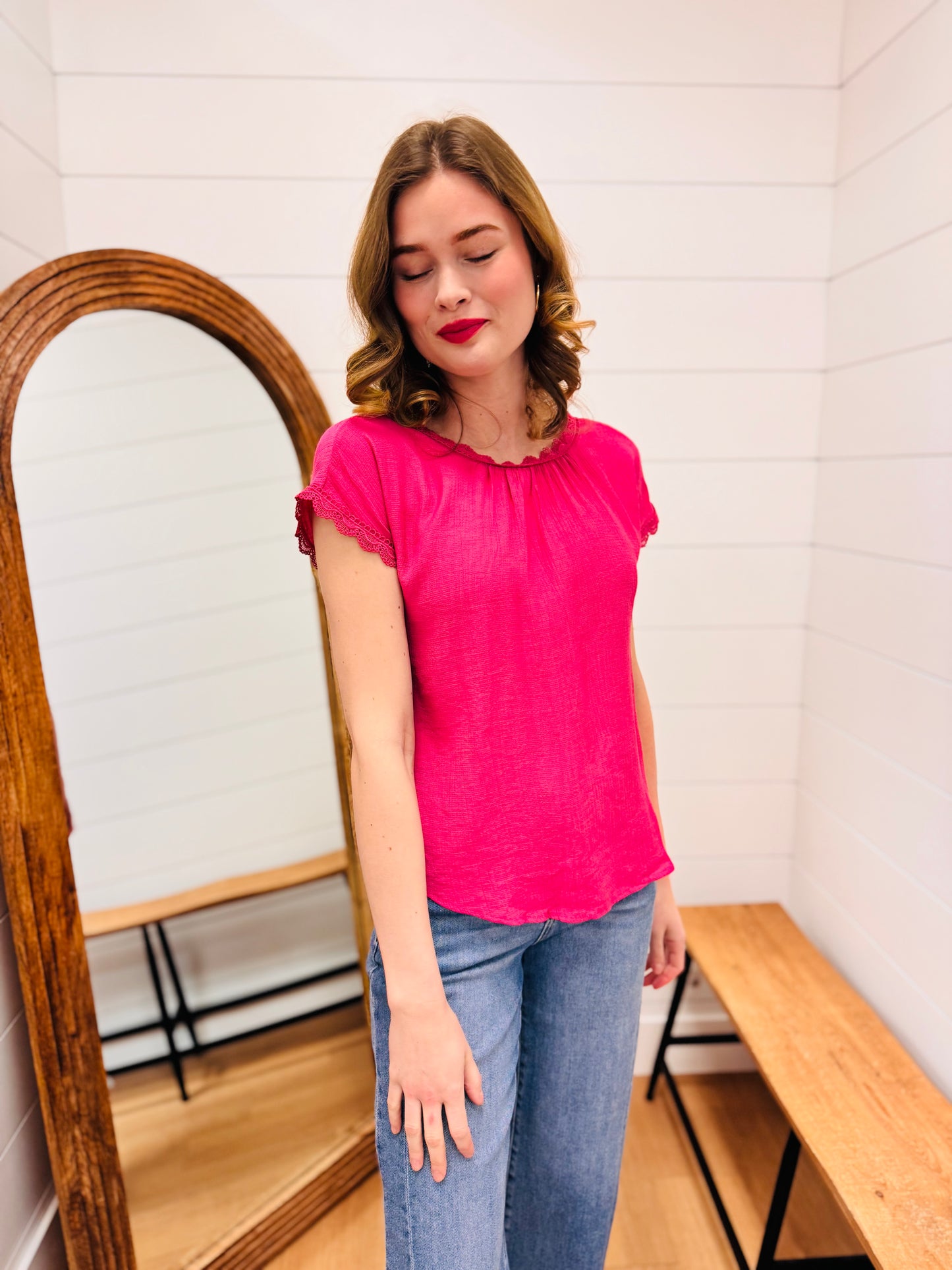 Lace Trim Back Bow Detail Short Sleeve Blouse