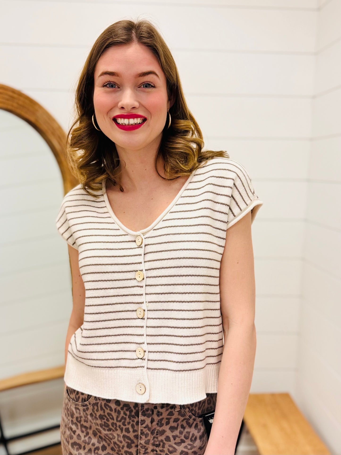 Stripe Scoop Neck Raw Edge Short Sleeve Cardigan