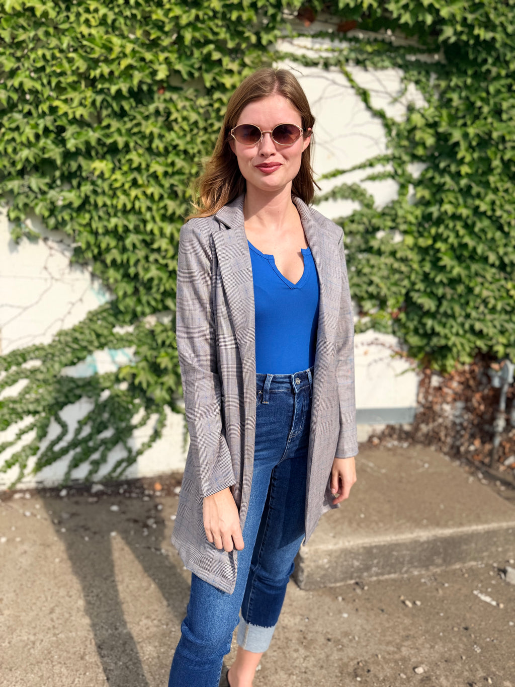 Glen Check Suede Oversized Blazer Coat