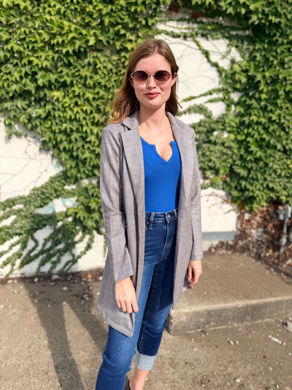 Glen Check Suede Oversized Blazer Coat