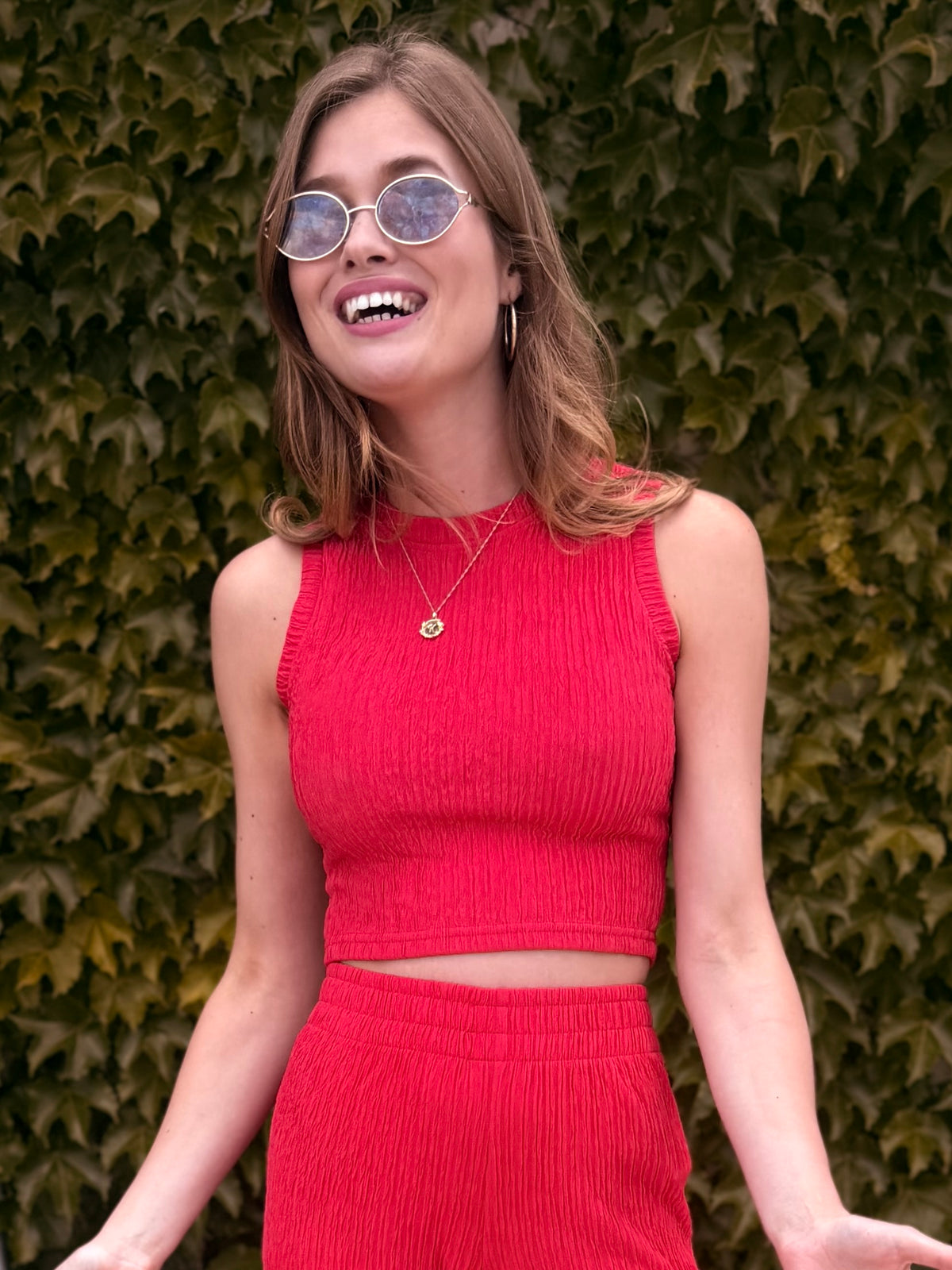 Crinkled Plisse Lounge Top - Watermelon Red