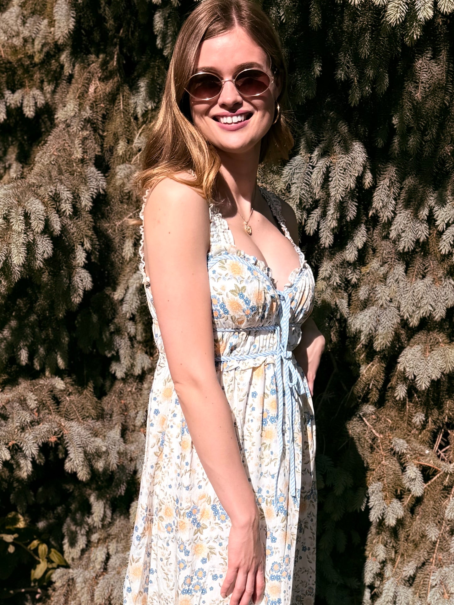 Border Floral Sleeveless Front Tie Midi Dress