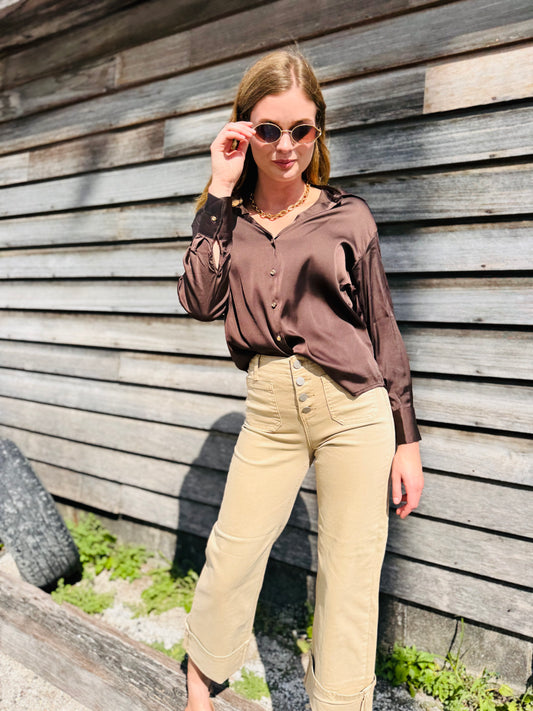 Long Sleeve Satin Top - Chocolate Brown