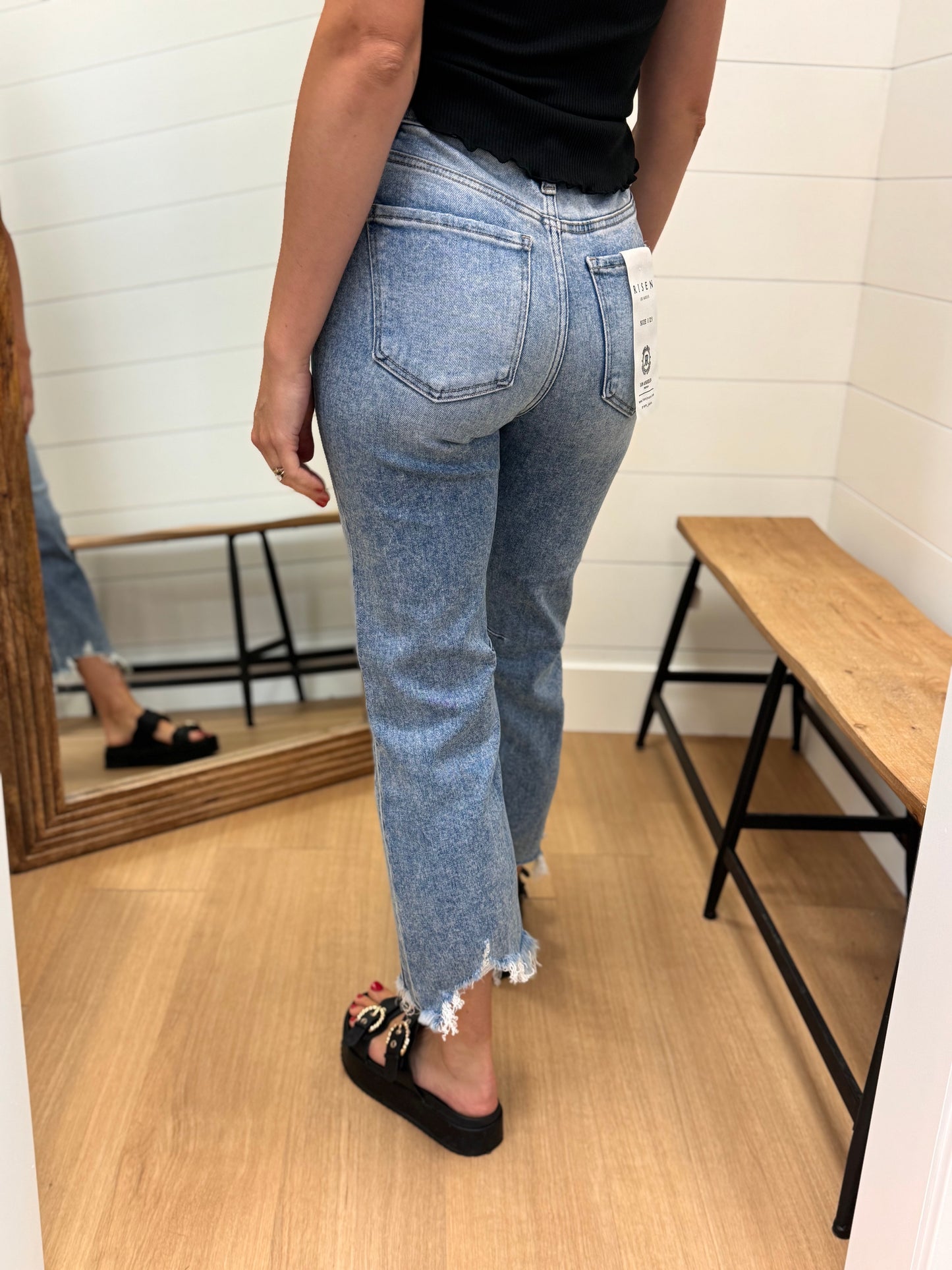 High Rise Straight Distressed Hem Jeans - Risen