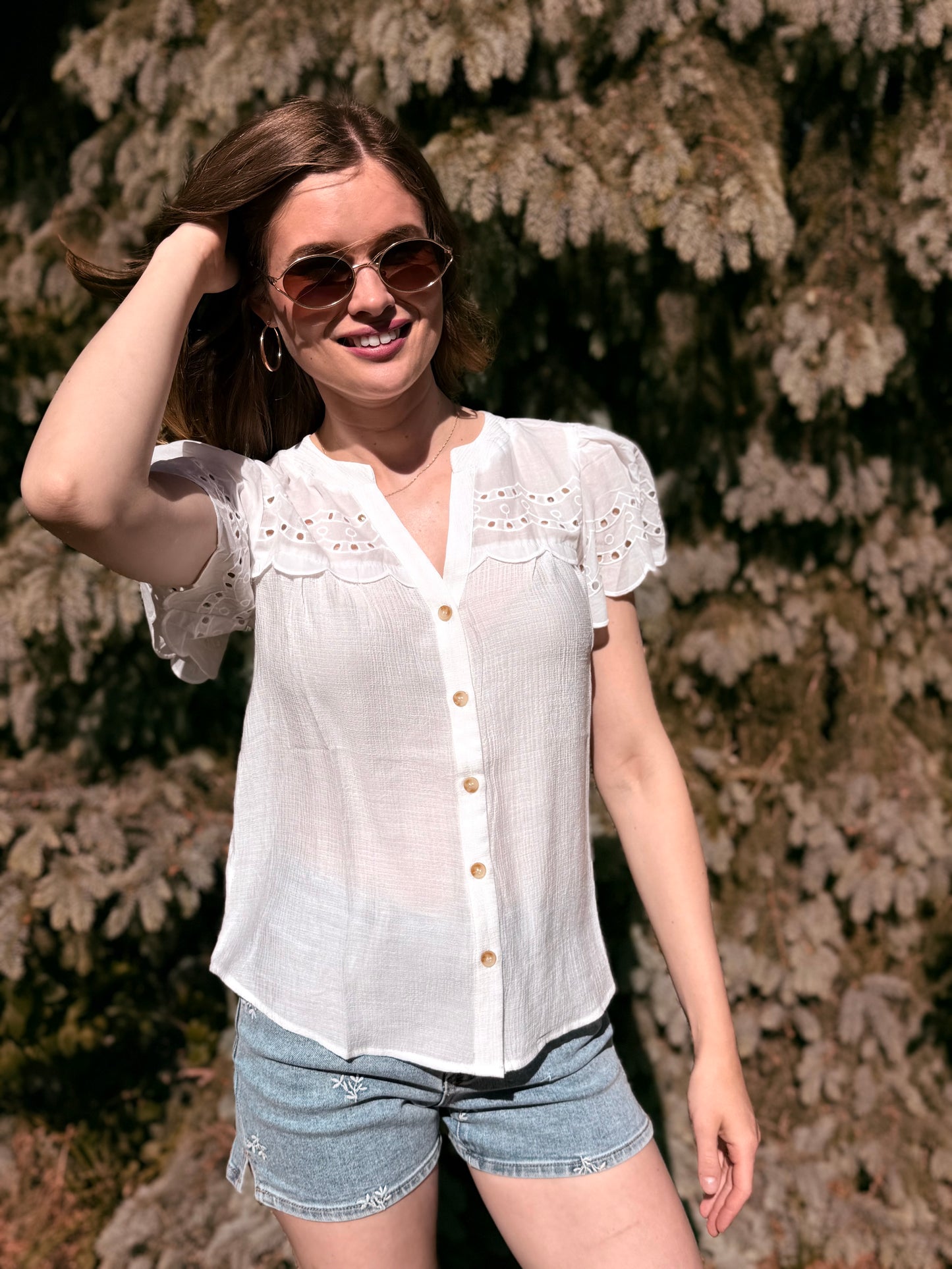 Eyelet Detail Button Down Scallop Sleeve Top