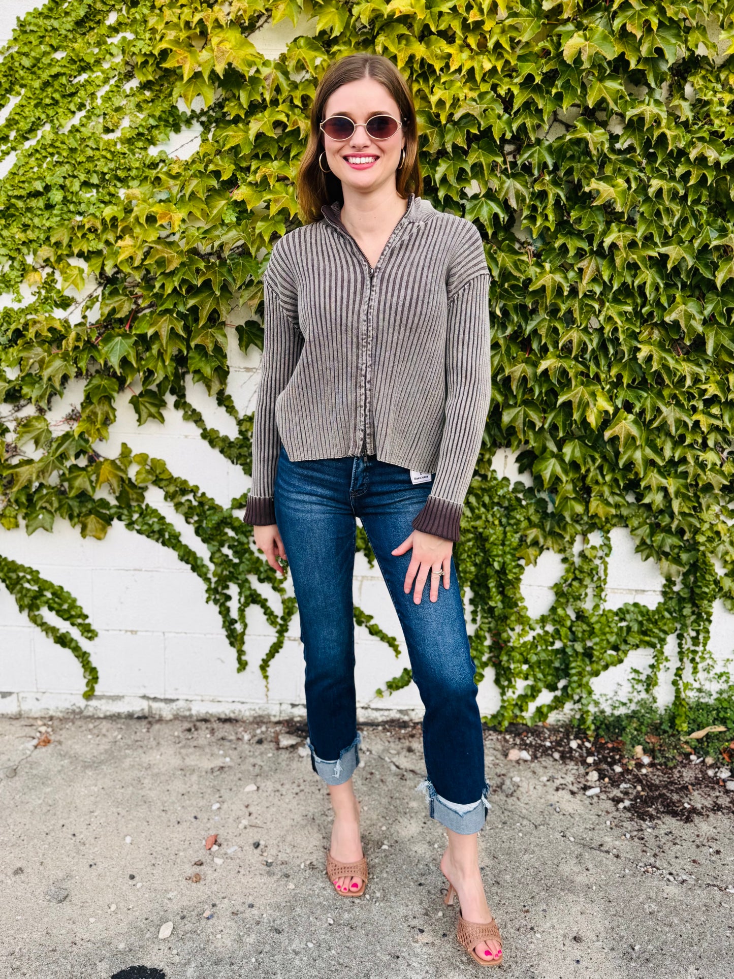 Two Tone Zip Up Sweater - Brown