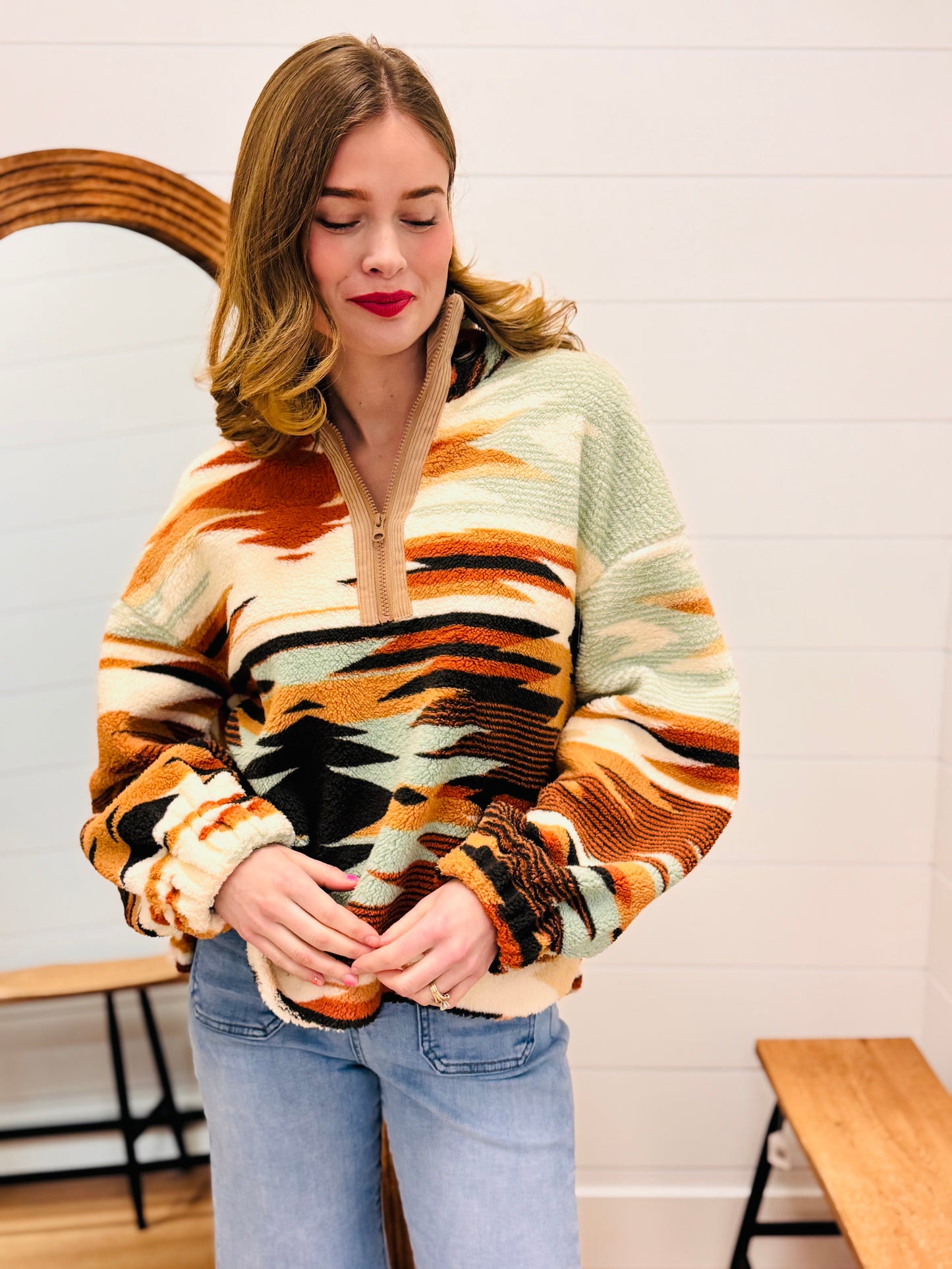 Half Zip Up Aztec Graphic Fleece Top