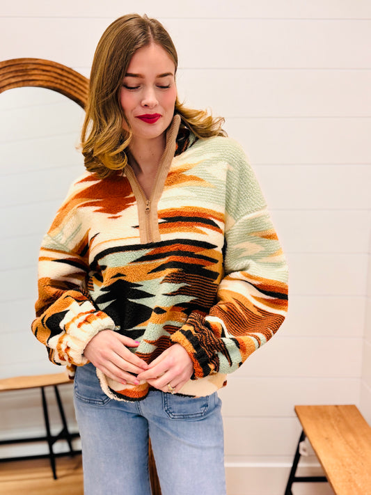 Half Zip Up Aztec Graphic Fleece Top