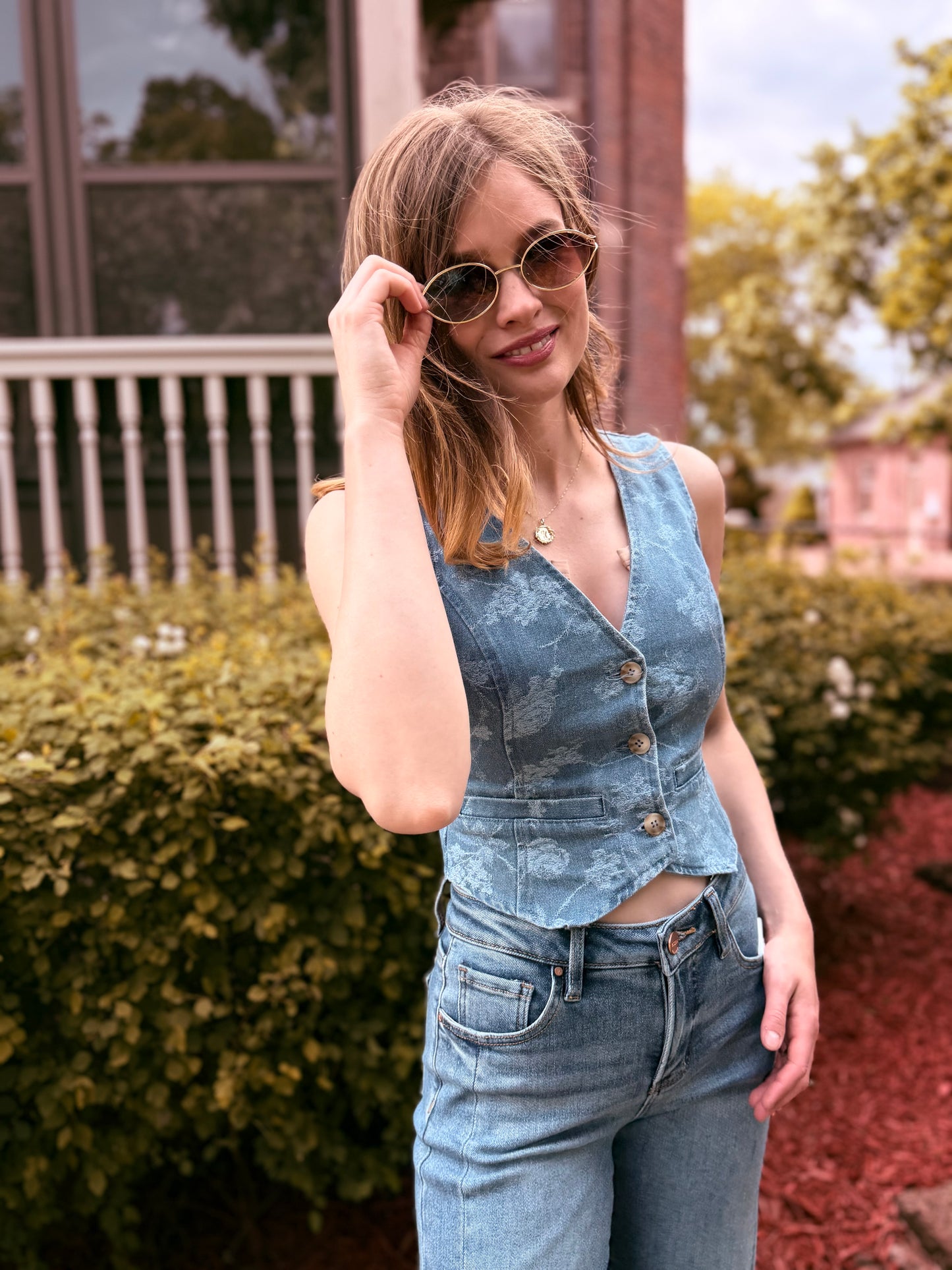 Floral Jacquard Button Down Denim Vest