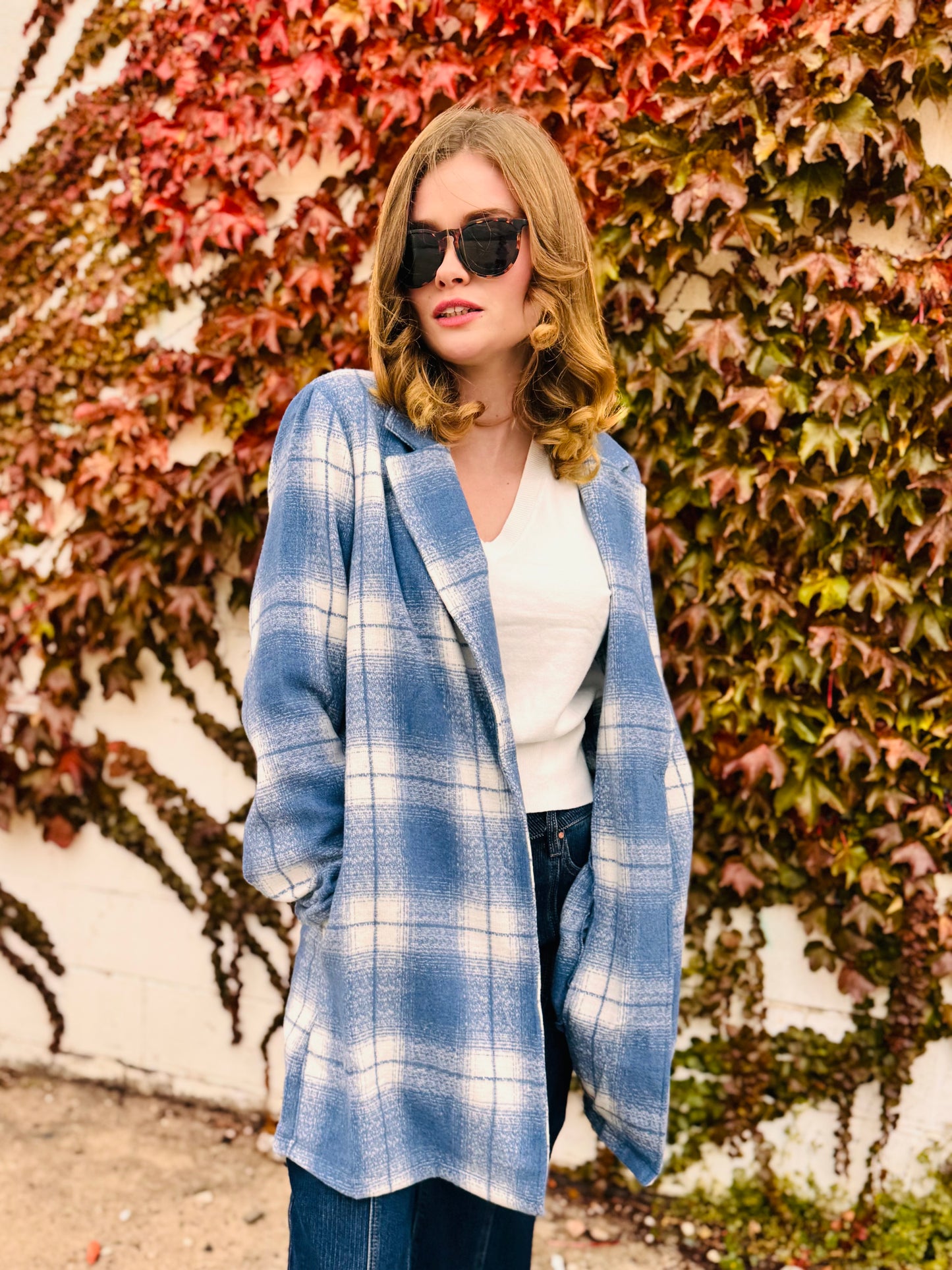 Blue Check Brush Oversized Coat